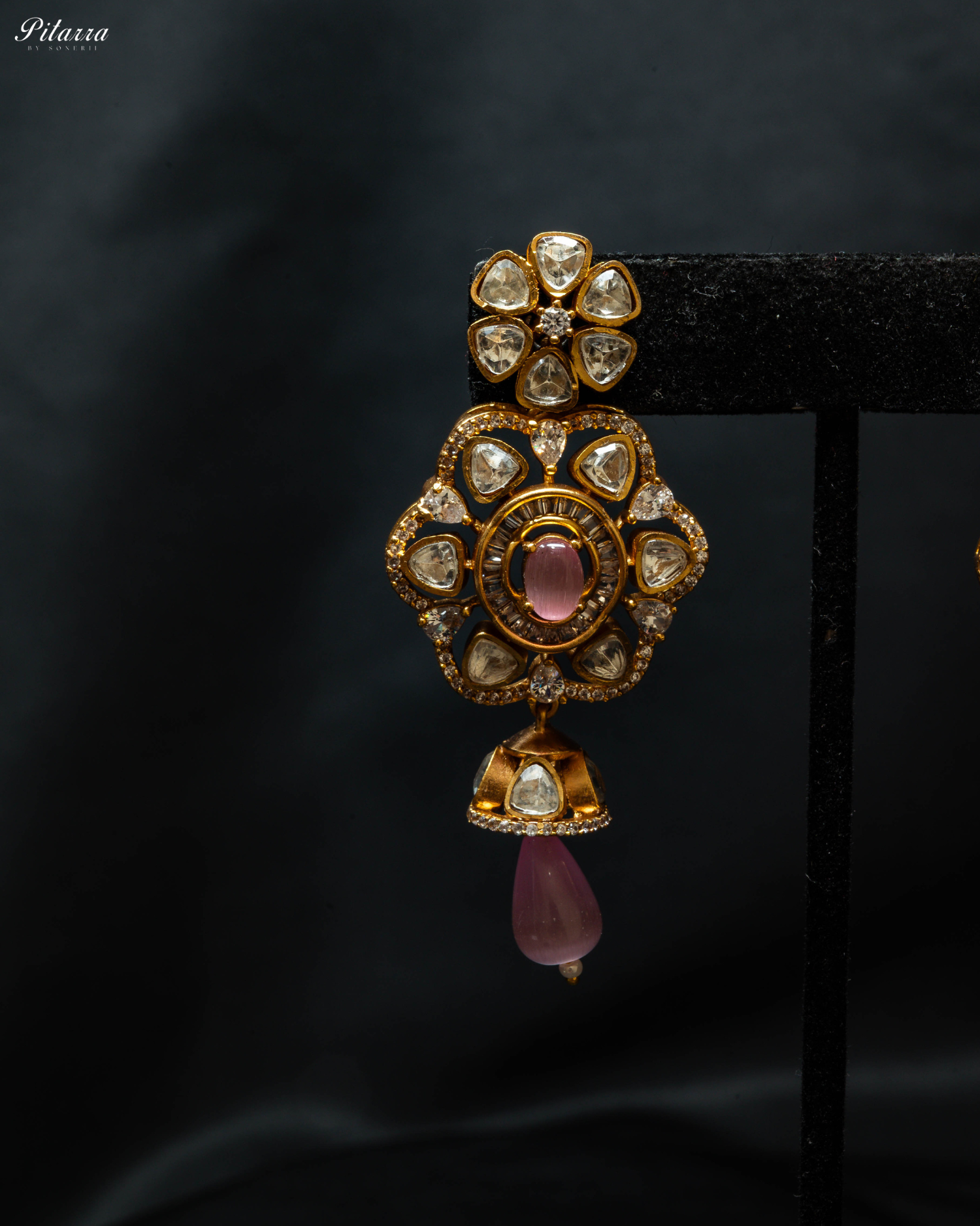 Pink Multi Layered Beads Long Kundan Necklace_Zoom Earrings
