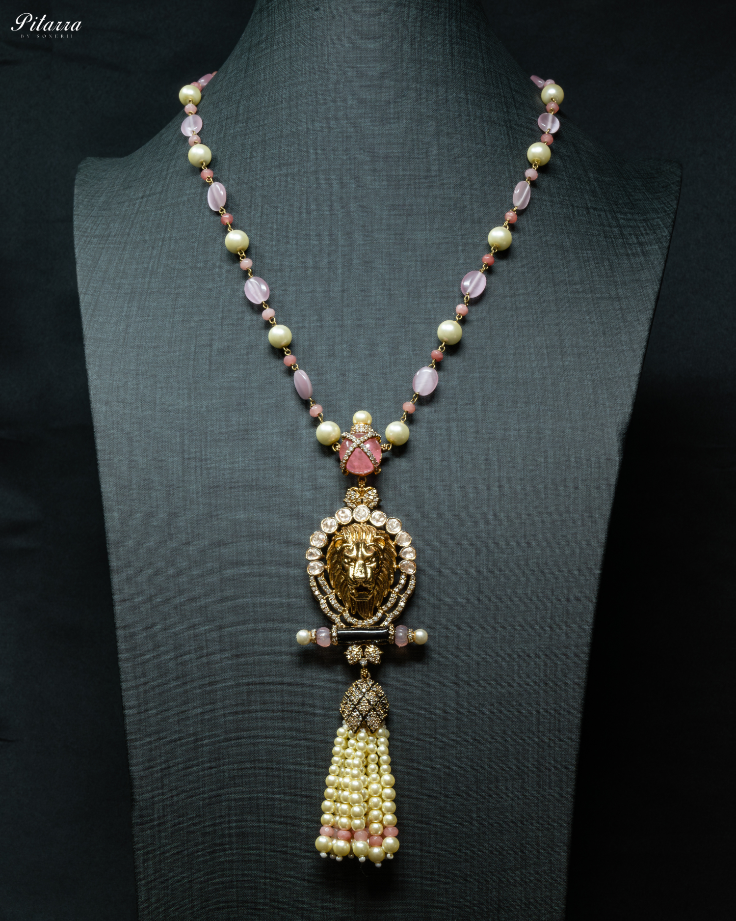 Pink Polki Kundan Pendant Necklace Set_Front Image