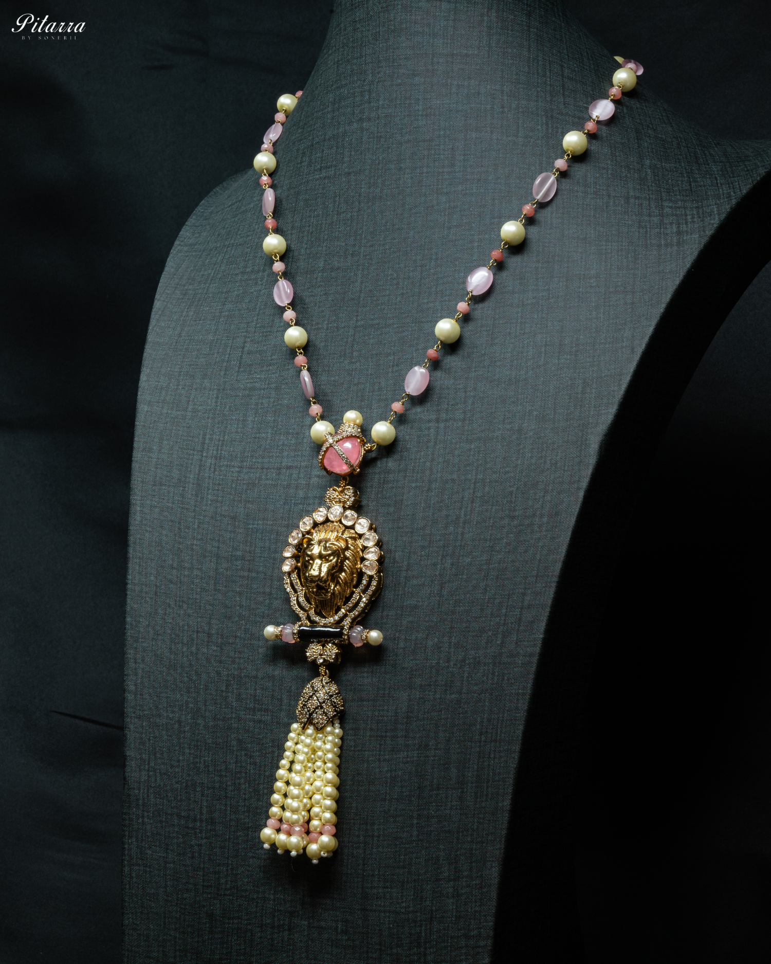 Pink Polki Kundan Pendant Necklace Set_Side Angle