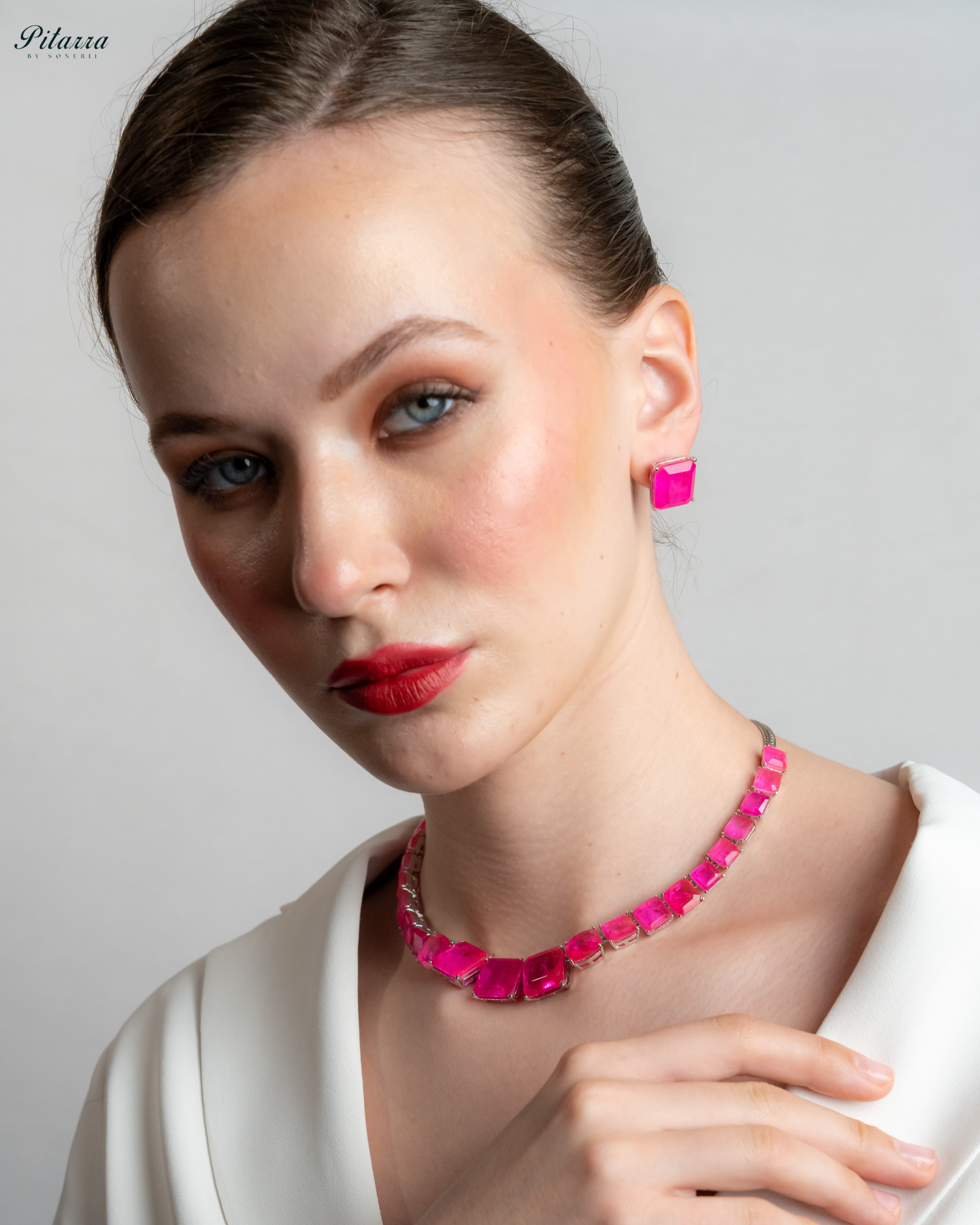 Pink Square Cubic Zirconia Necklace Set_Front Image