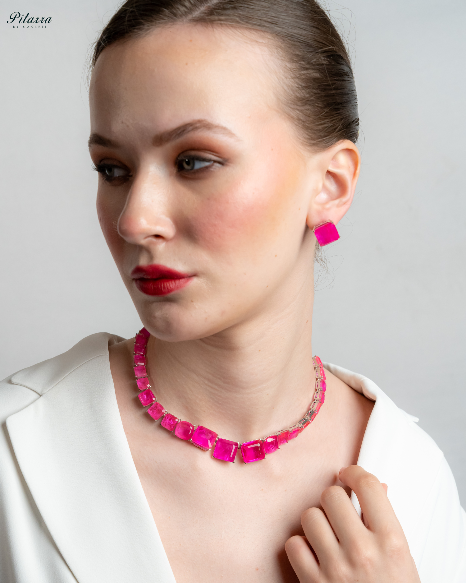 Pink Square Cubic Zirconia Necklace Set_Side Angle