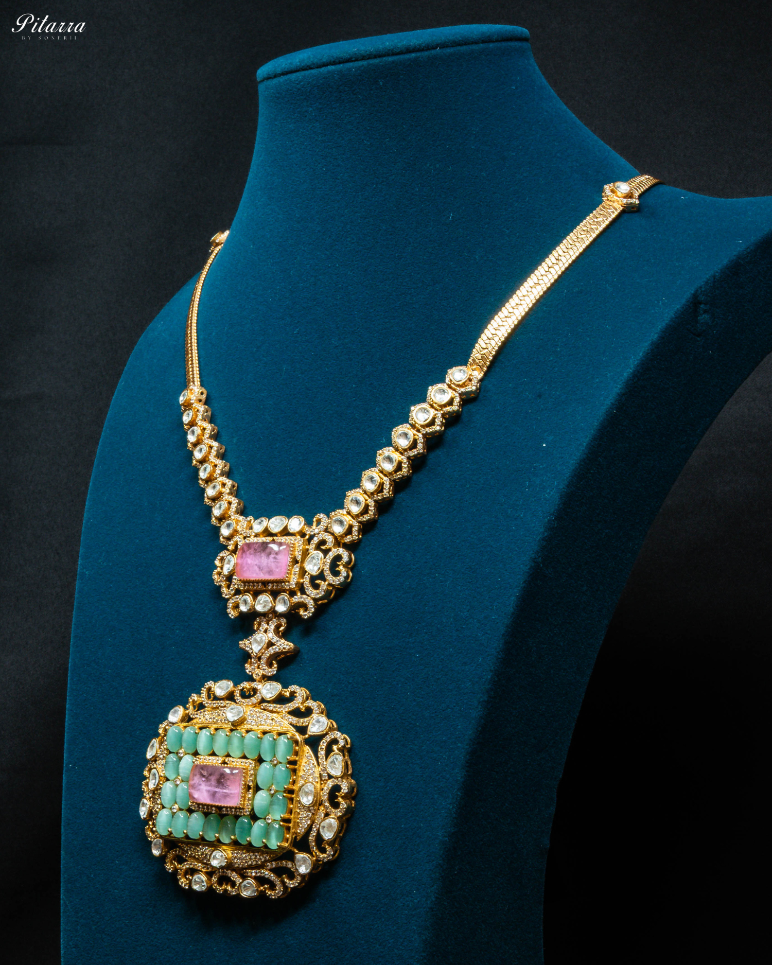 Pink Stone Green Beads Polki Kundan Necklace Set_Side Angle