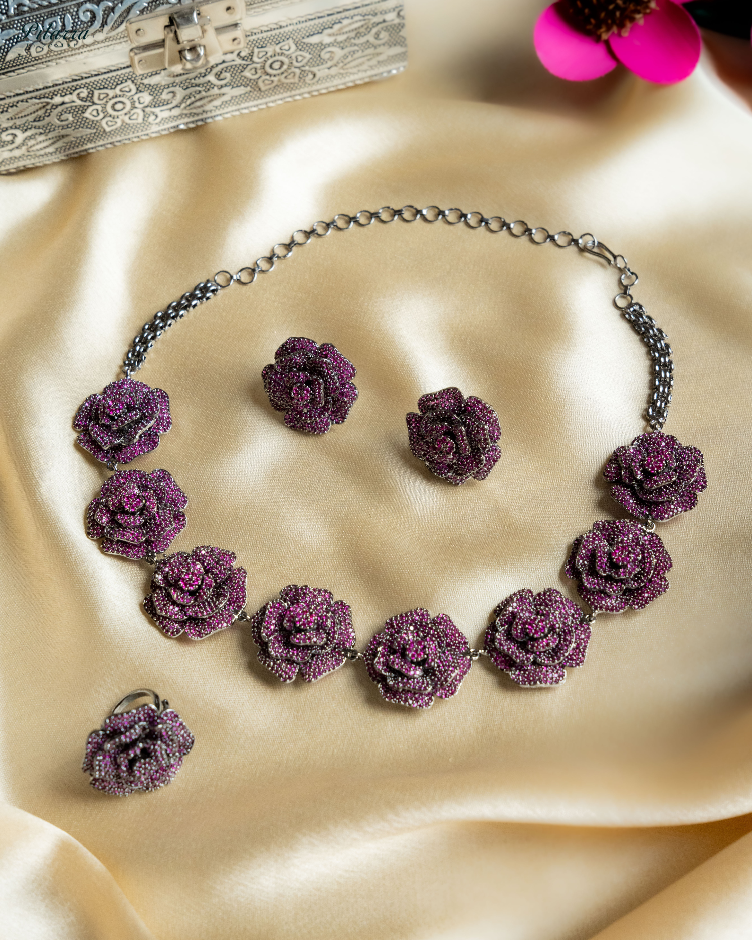 Pink Tone Flower CZ Choker Set with Ring_Image