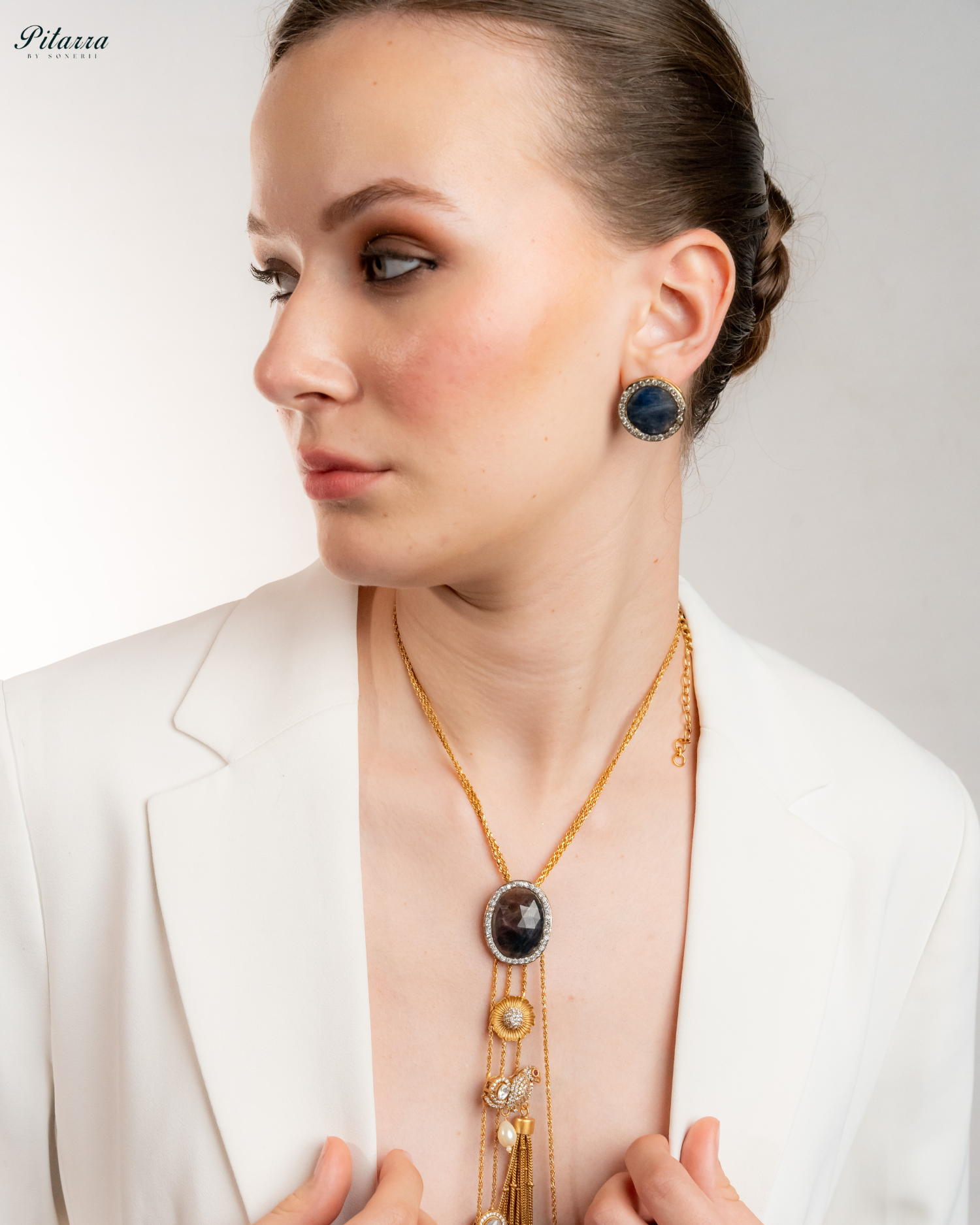 Pitarra Blue Stone Golden Chain Neccklace Set_Left Angle