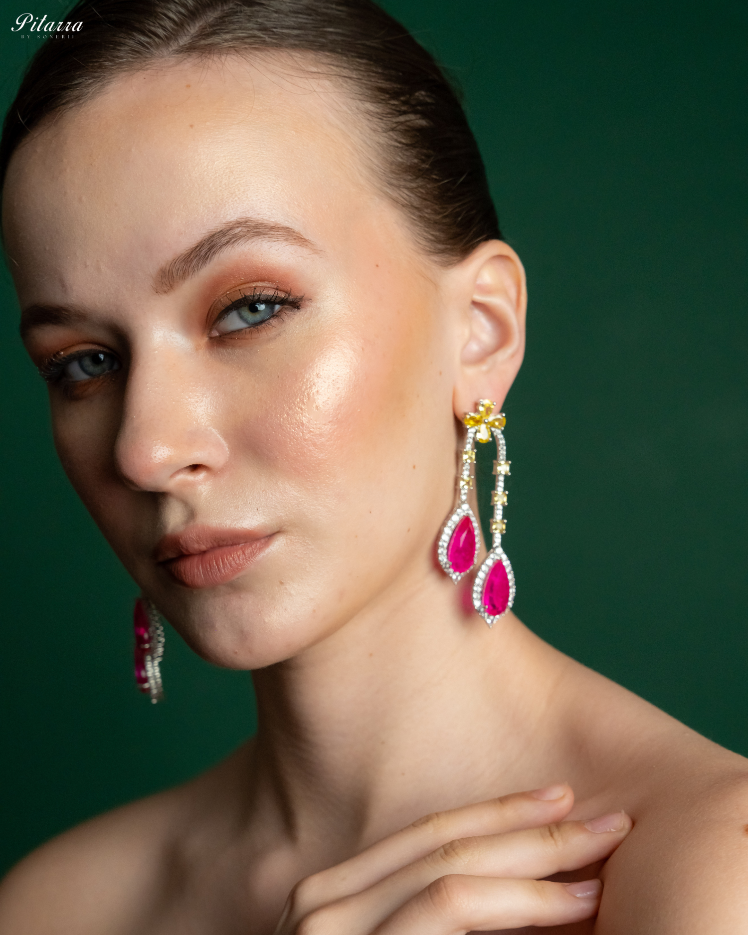 Pitarra Pink and Yellow Dangler Earring_Side Look
