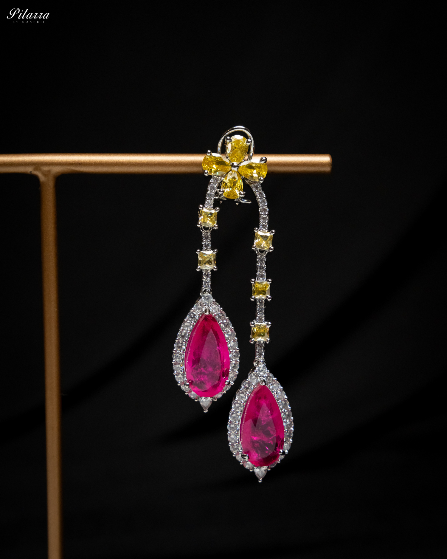 Pitarra Pink and Yellow Dangler Earring_Zoom Angle