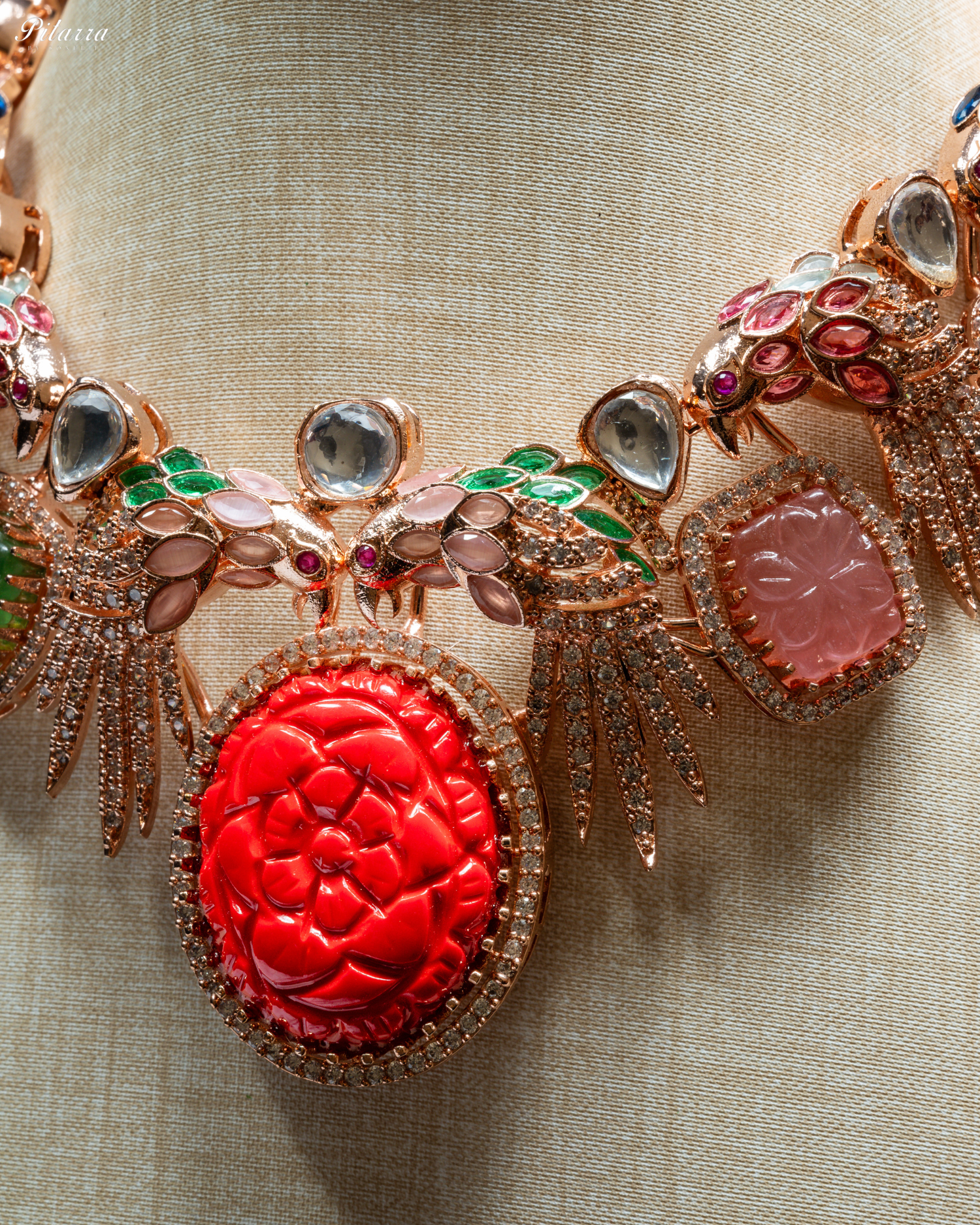 Pitarra Red Carved Stone in Rose Gold Necklace Set_Zoom Angle