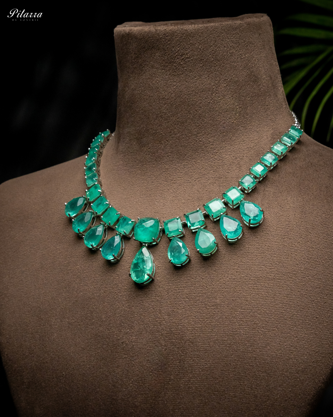 Pitarra Rhodium Green Crystal Necklace Set_Side Angle