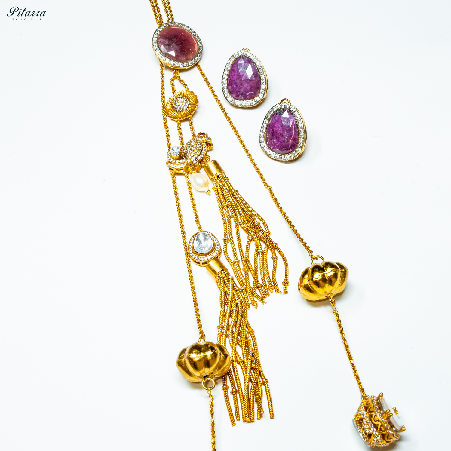 Purple_Drop_Stone_Golden_Statement_Necklace_Set_White Background