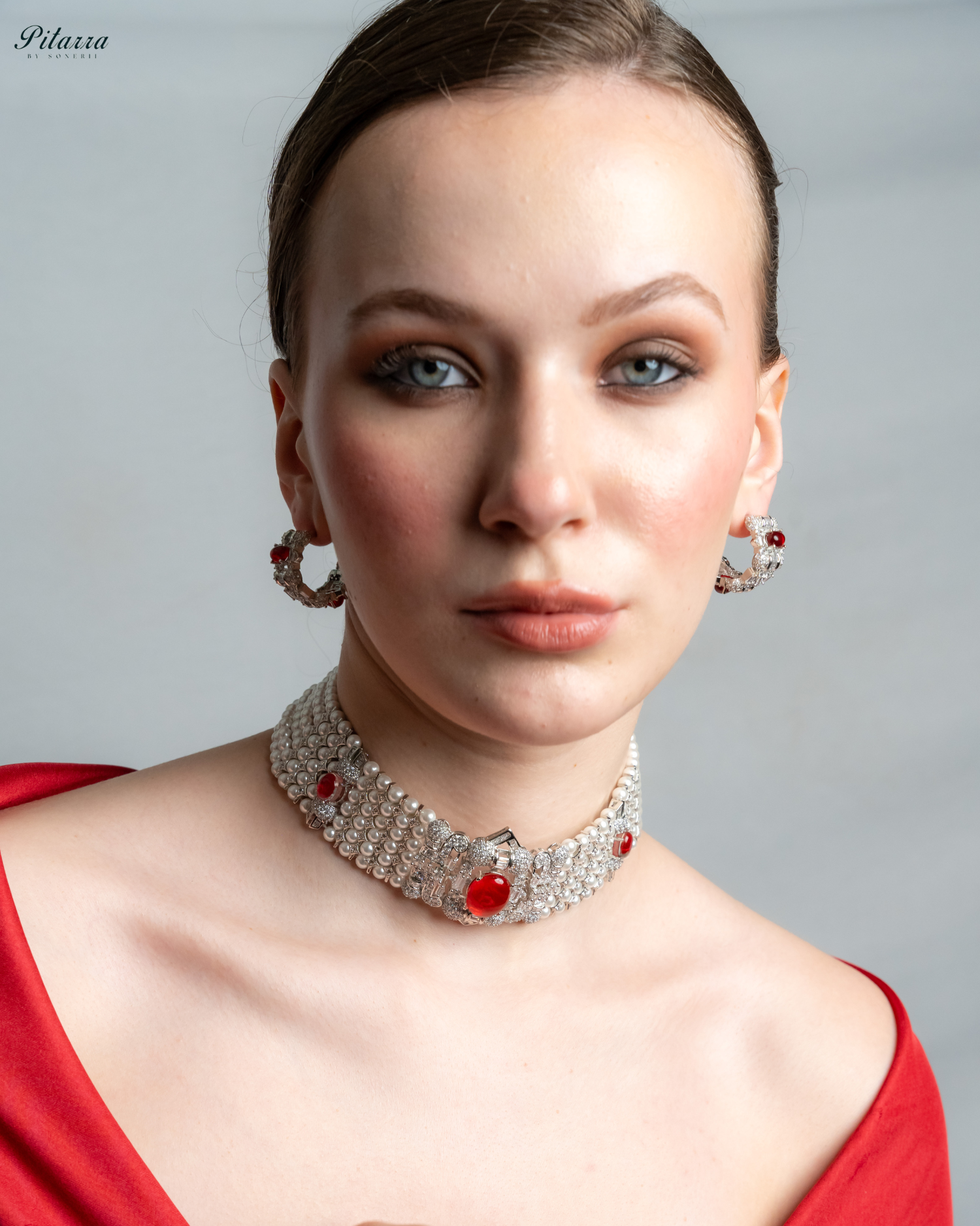 Red Carved Doublet and Pearl Choker_Front Image