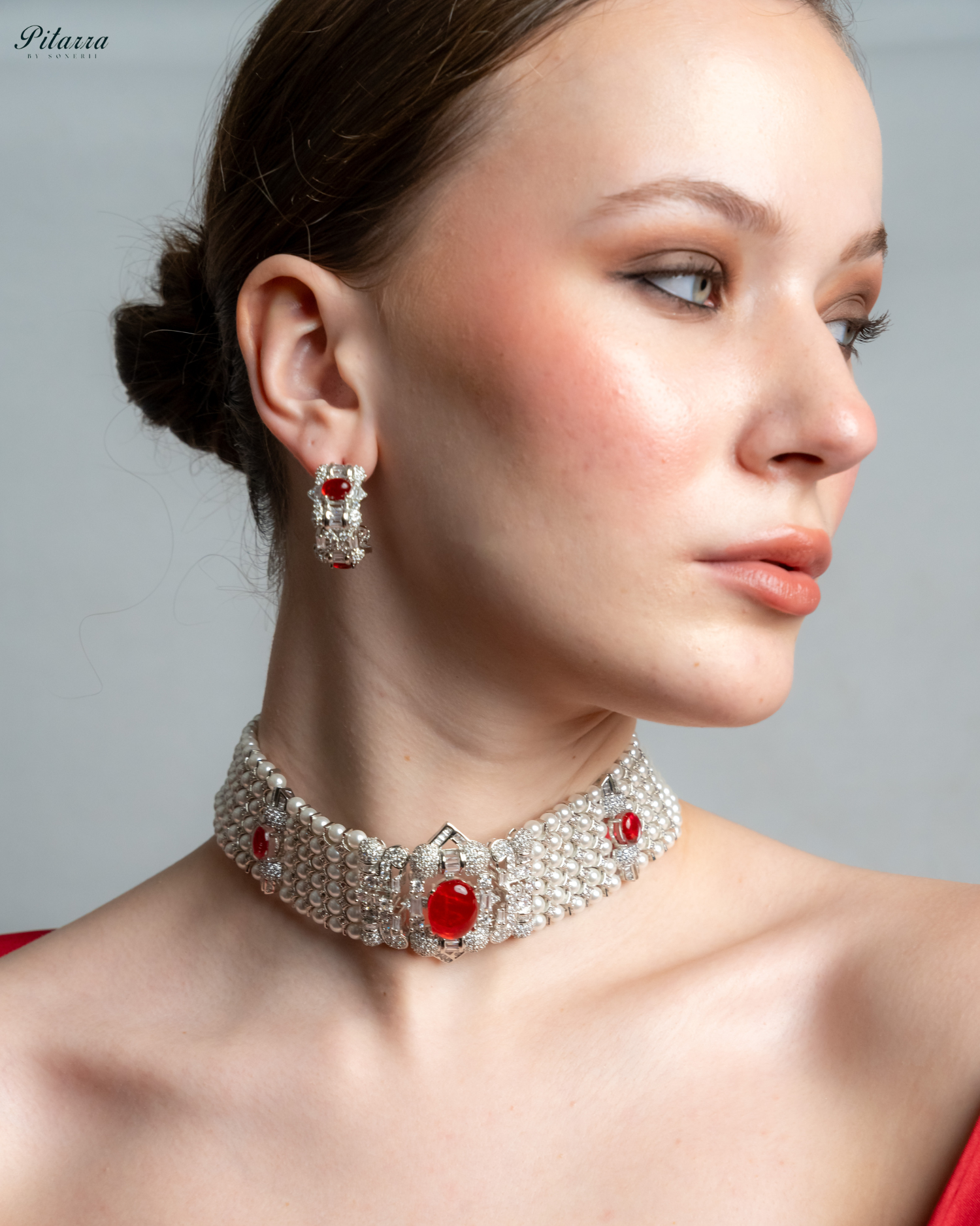 Red Carved Doublet and Pearl Choker_Right Angle