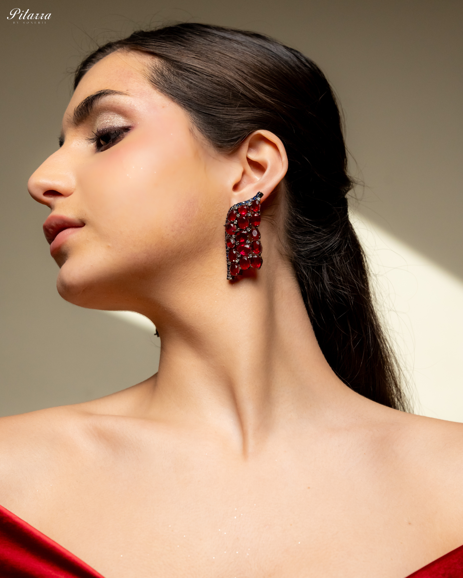 Red Crystal CZ Stud Earrings_Left Angle