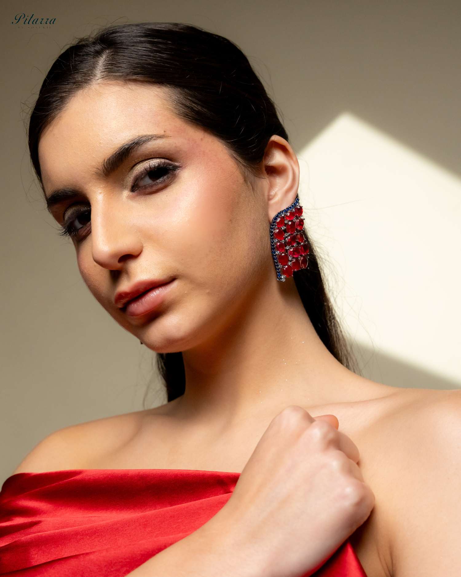 Red Crystal CZ Stud Earrings_Side Angle