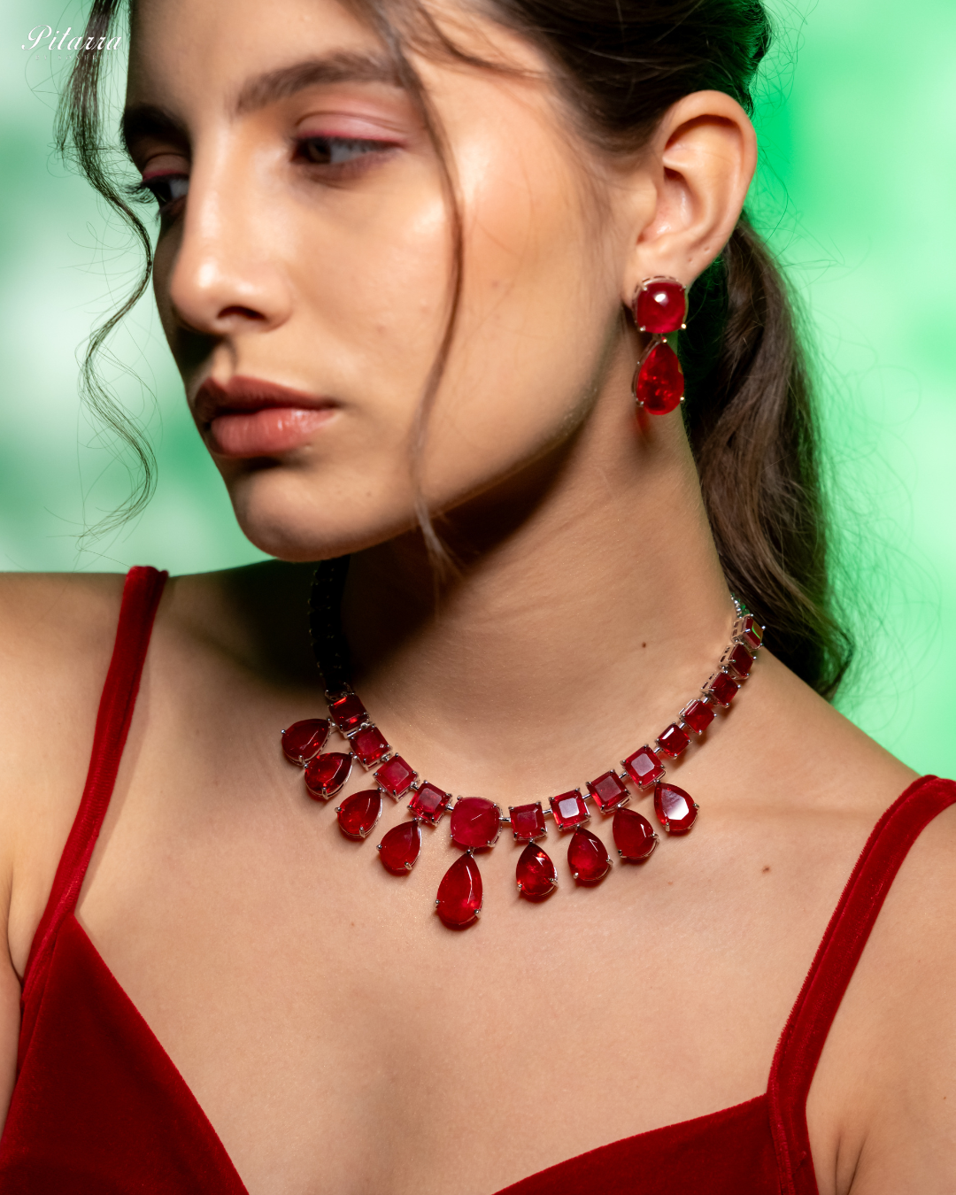 Red Crystal Choker Necklace Set_Left Angle