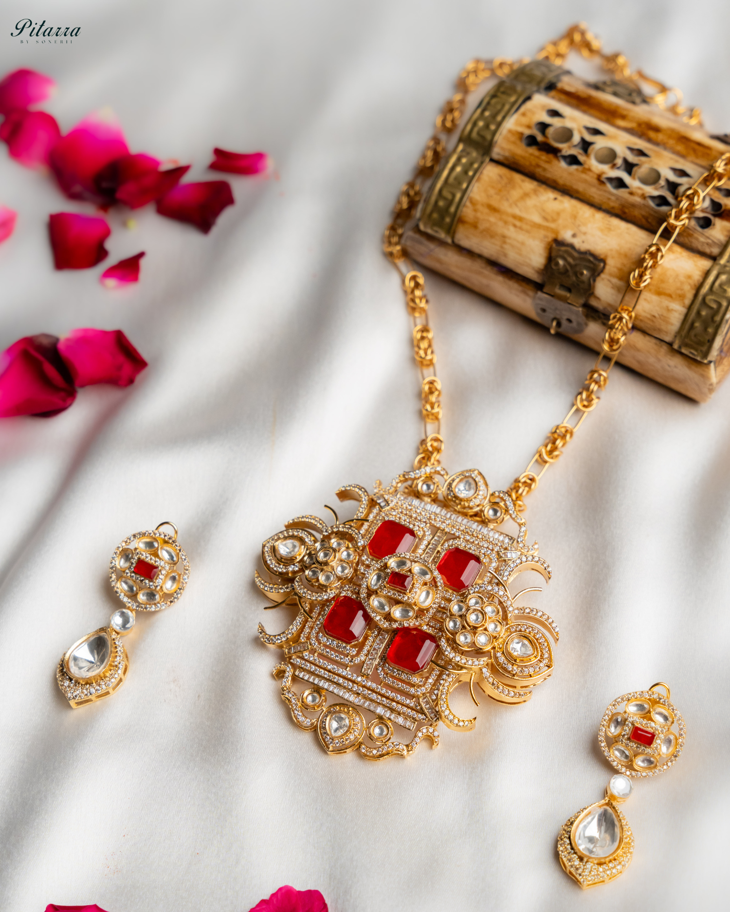 Red Moissanite Stone Long Necklace Set_Main Image