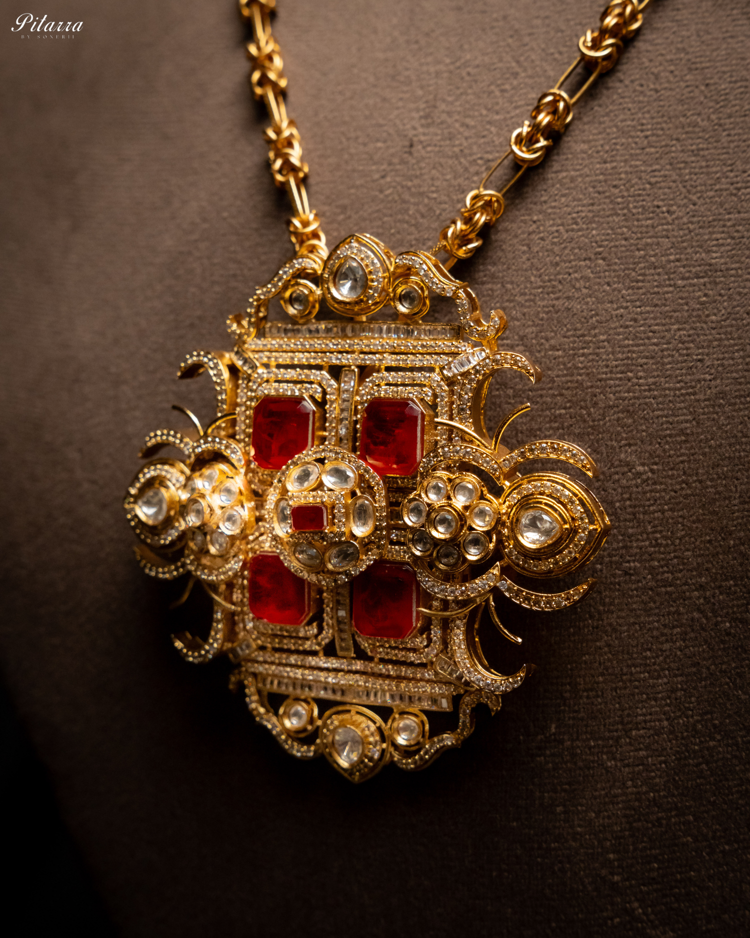 Red Moissanite Stone Long Necklace Set_Zoom Image