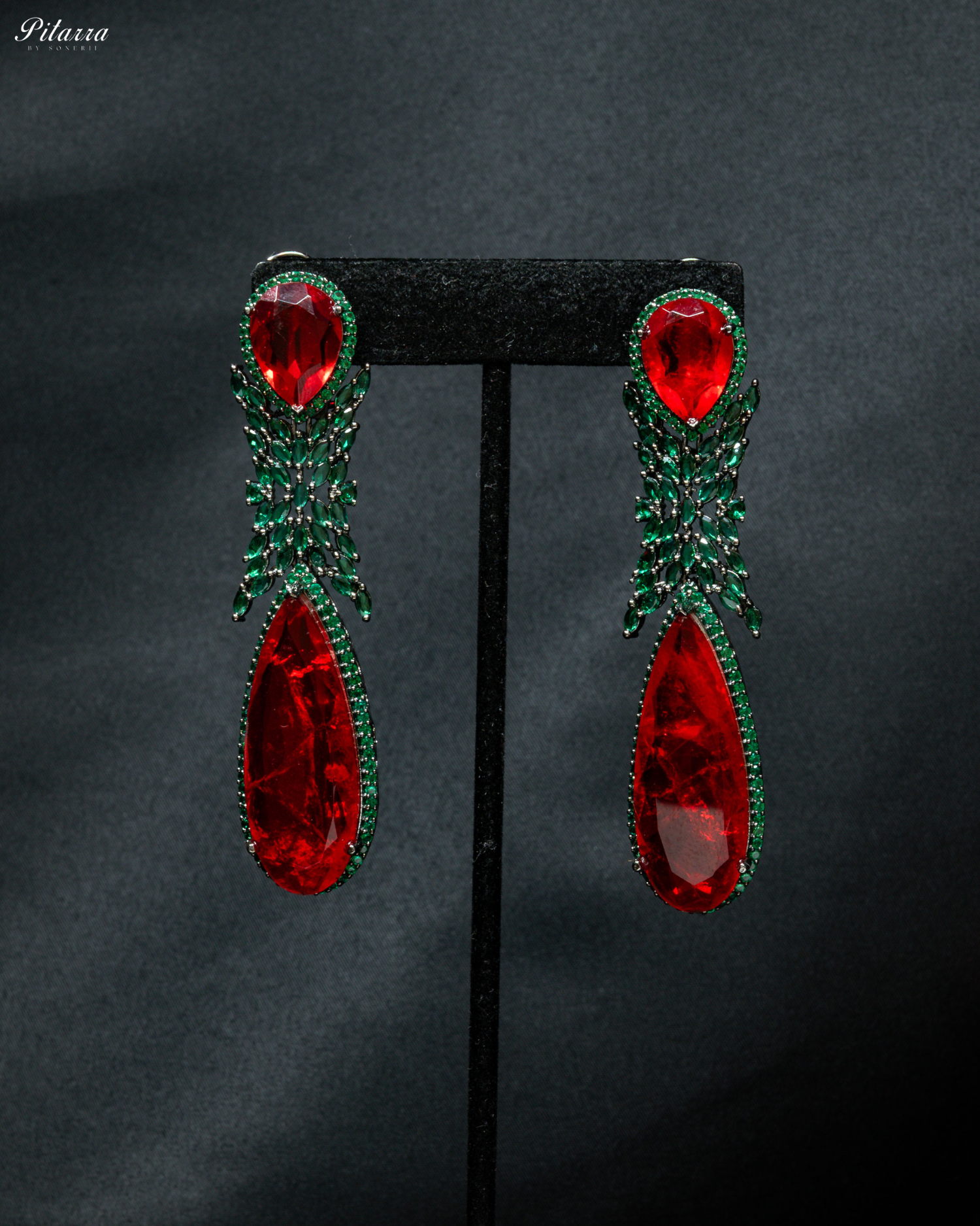 Red Stone Green Finish Contemporary Drop Earrings_Front Image