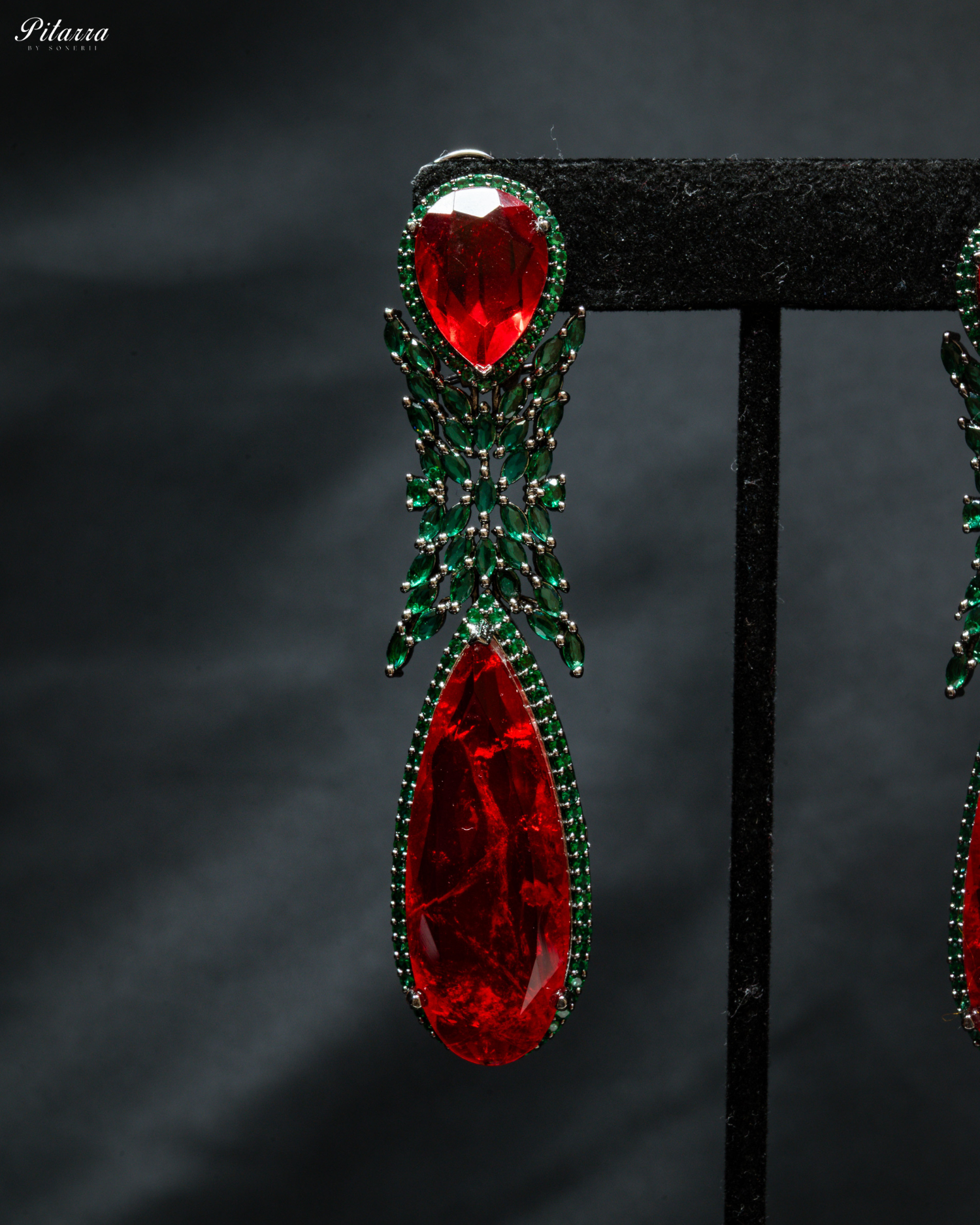 Red Stone Green Finish Contemporary Drop Earrings_Zoom Angle