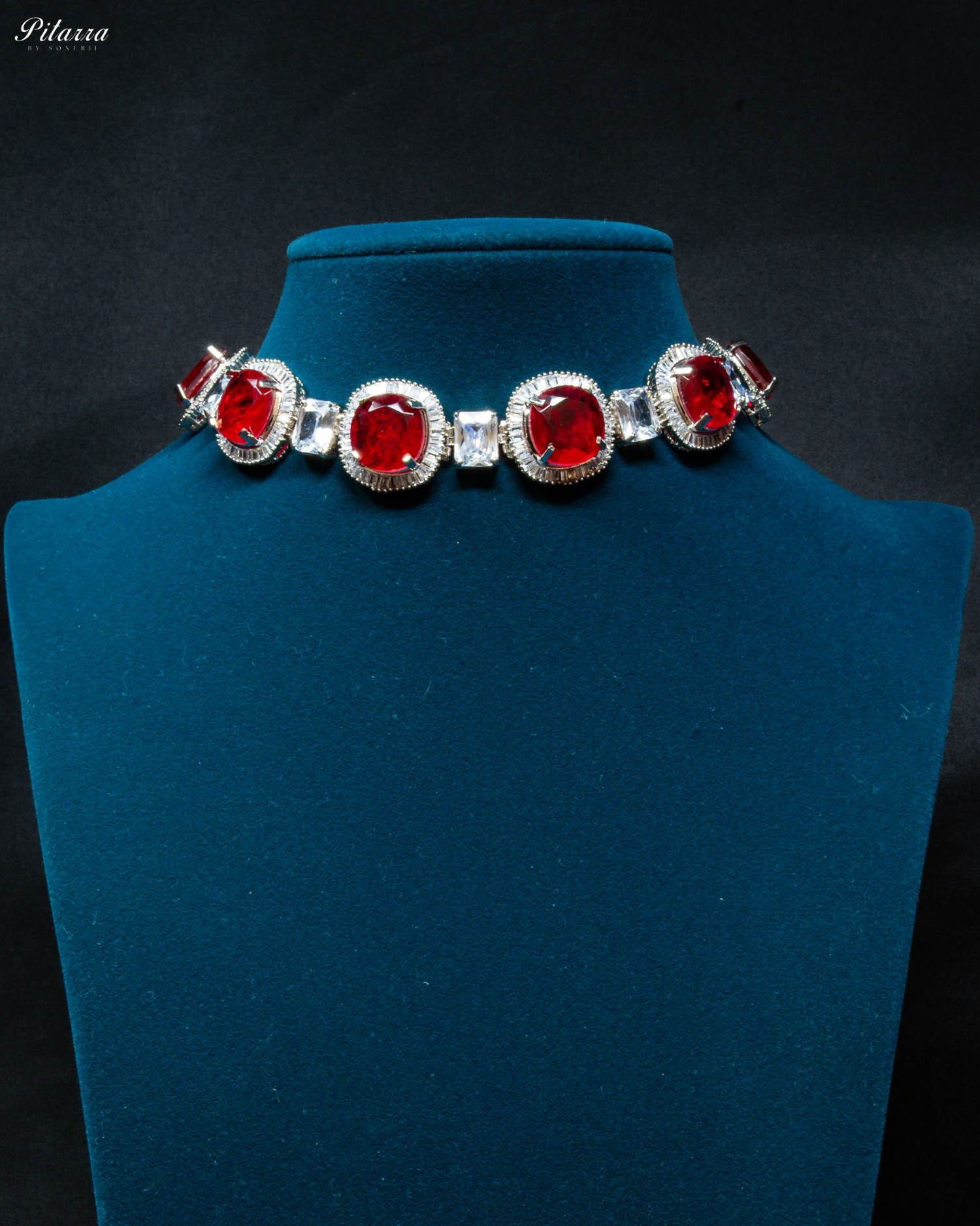 Red Stone Silver CZ Choker Necklace Set_Front Image