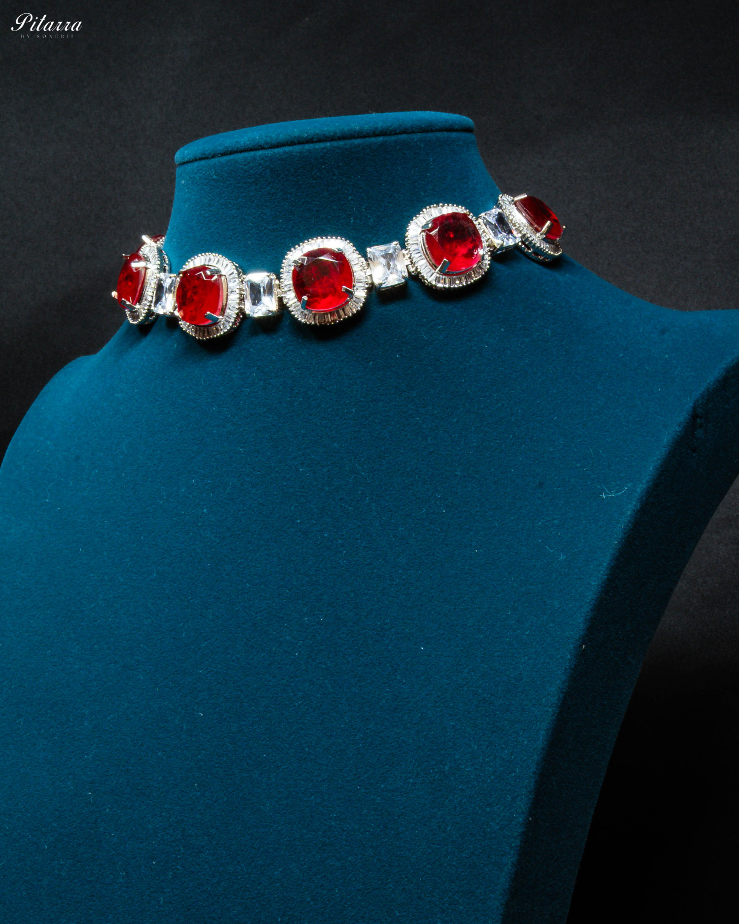 Red Stone Silver CZ Choker Necklace Set_Side Angle