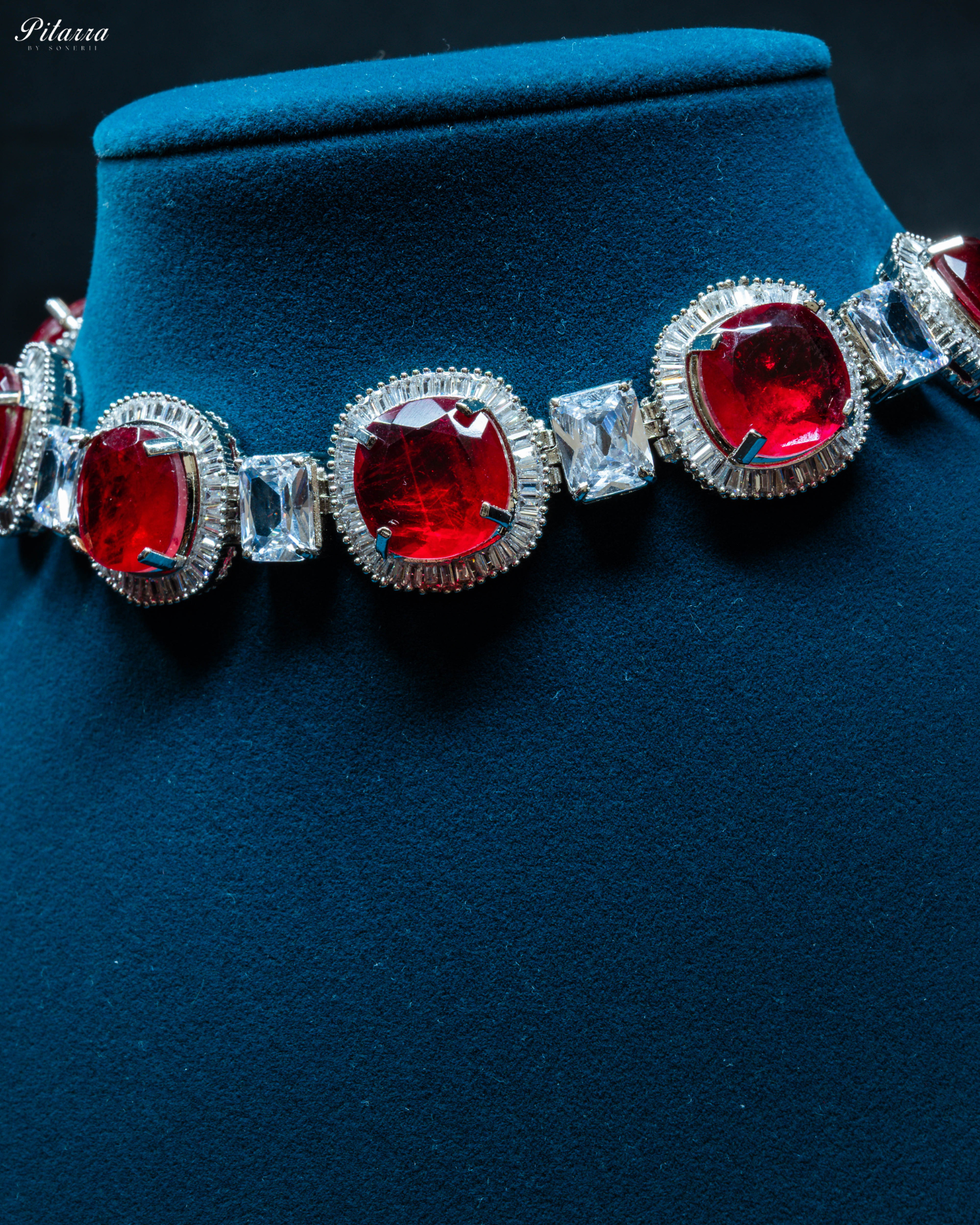 Red Stone Silver CZ Choker Necklace Set_Zoom Angle