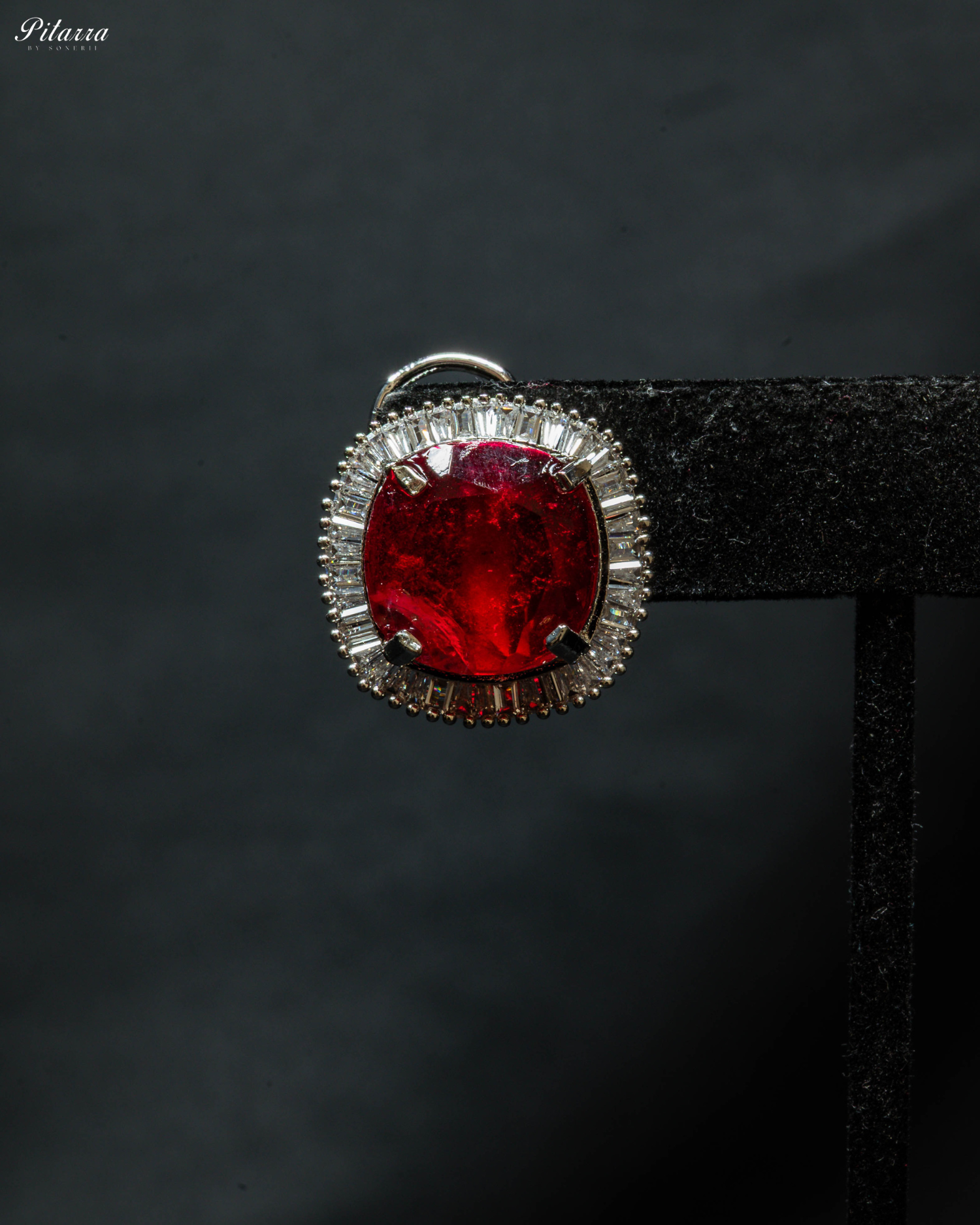 Red Stone Silver CZ Choker Necklace Set_Zoom Earrings