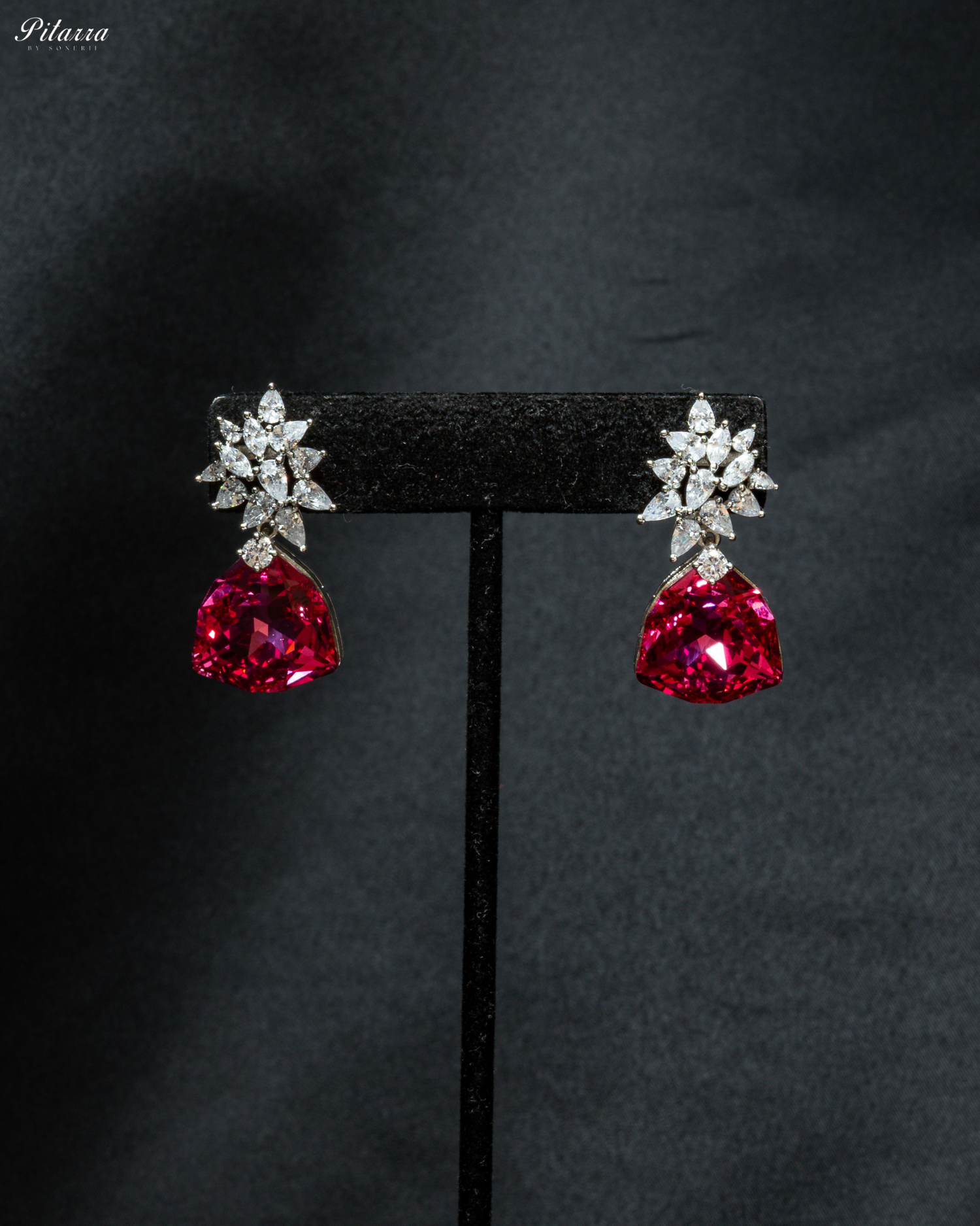 Red Stone Silver Floral CZ Stud Earrings_Front Image