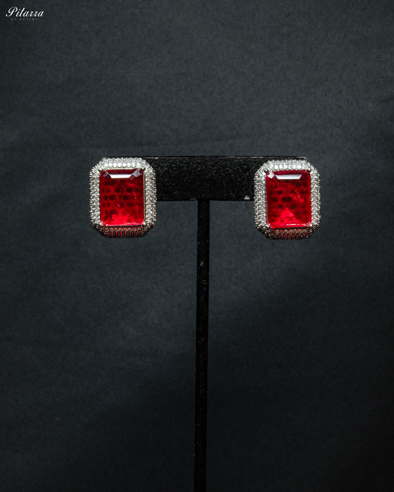 Red Stone Statement Doublet Chain Necklace Set_Earrings