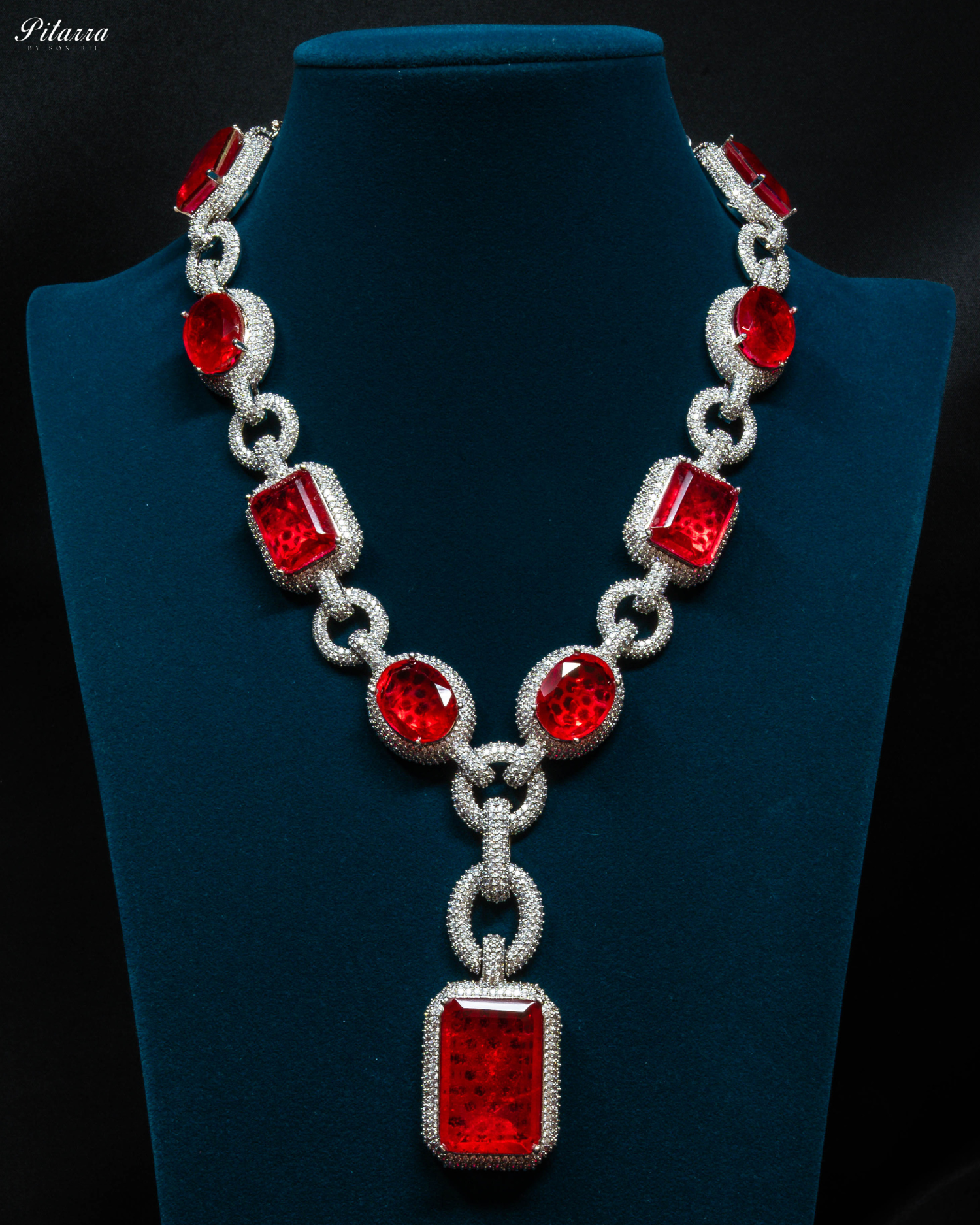 Red Stone Statement Doublet Chain Necklace Set_Front Image