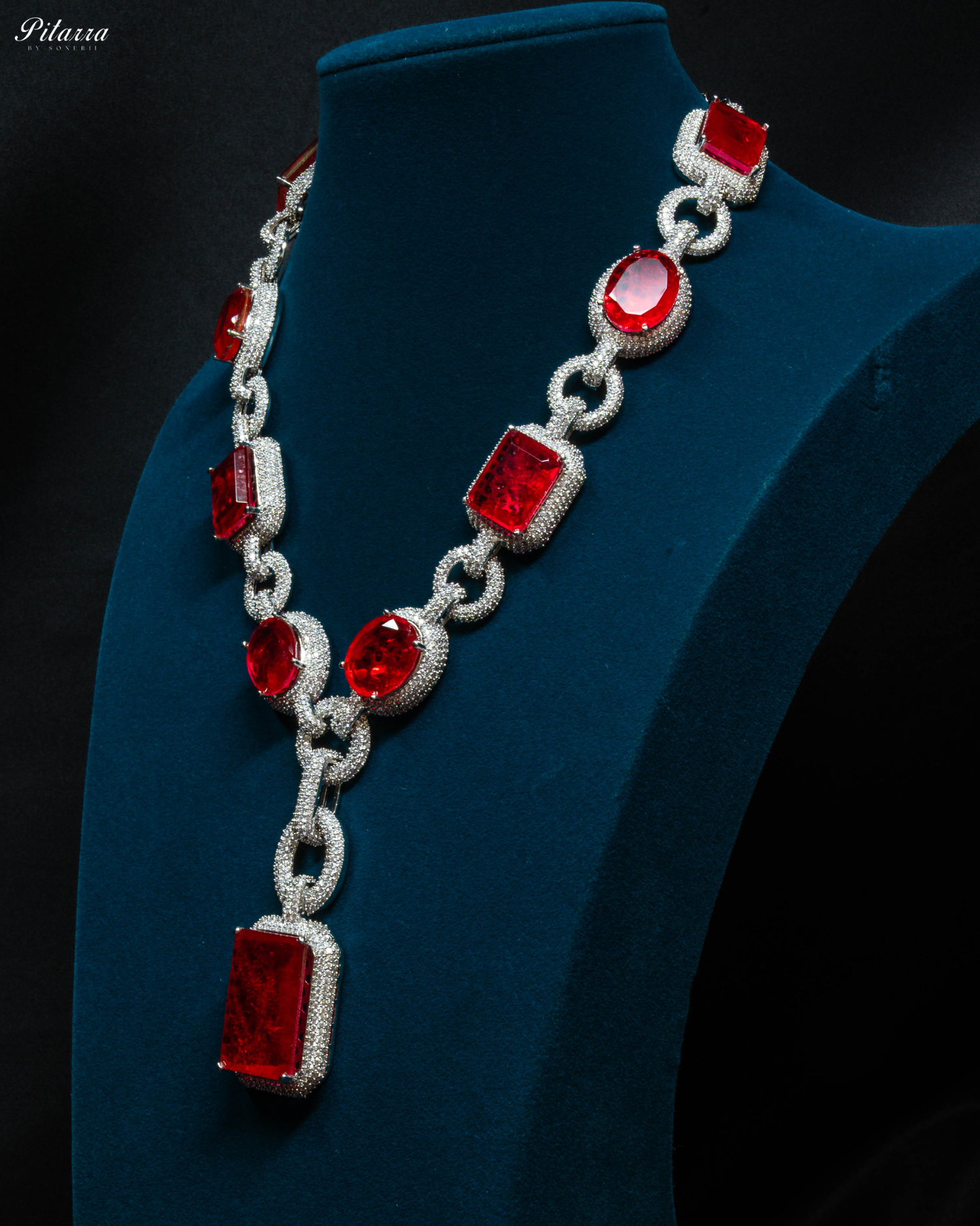 Red Stone Statement Doublet Chain Necklace Set_Side Angle