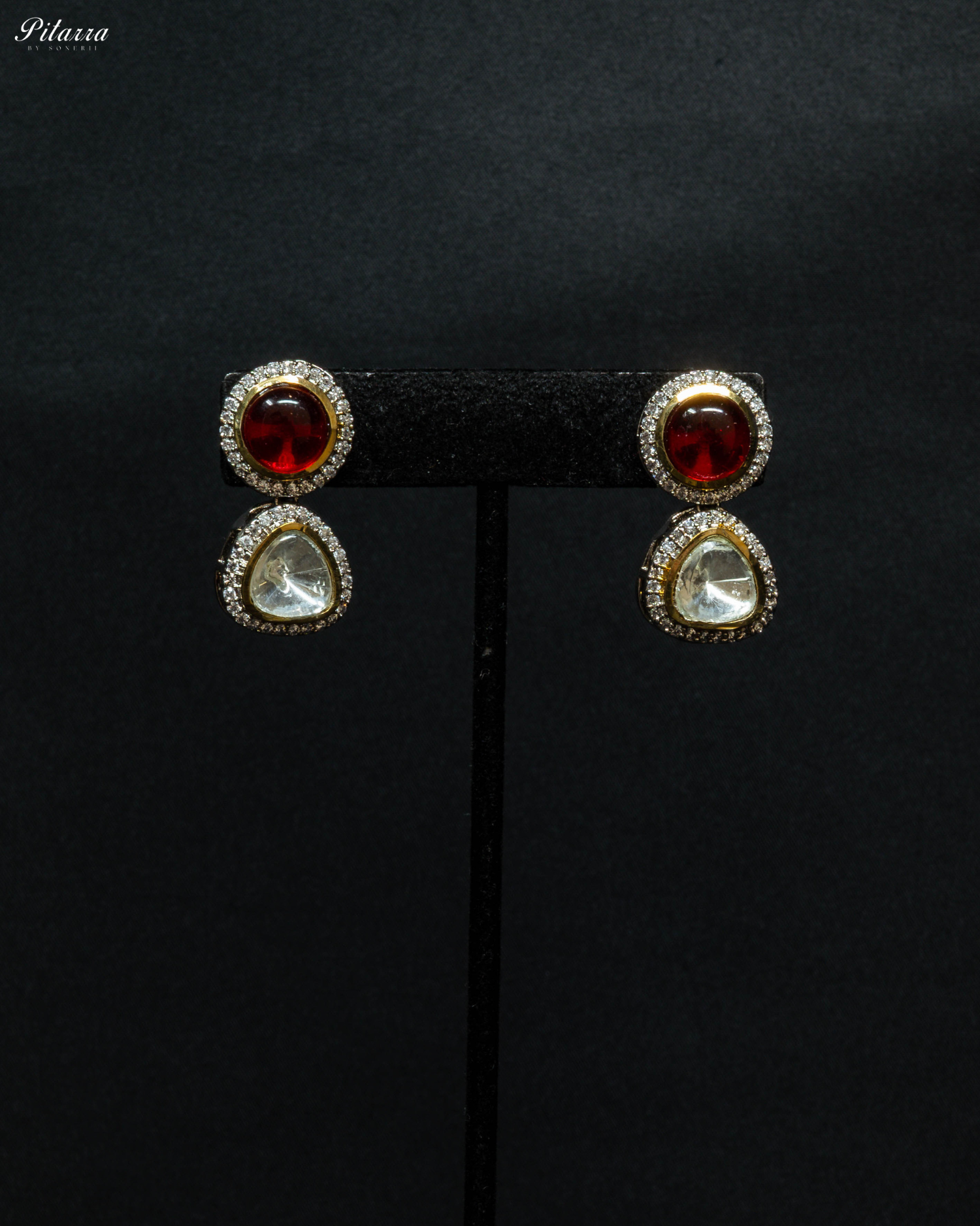 Red and White Drop Stone Traditional Kundan Necklace_Earrings