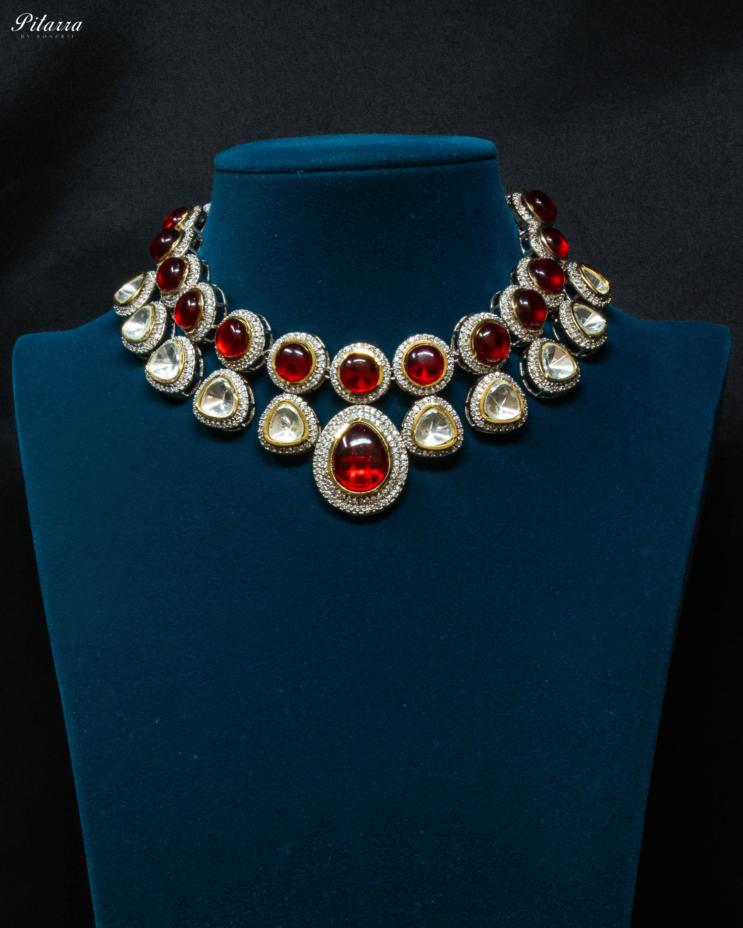 Red and White Drop Stone Traditional Kundan Necklace_Front Image