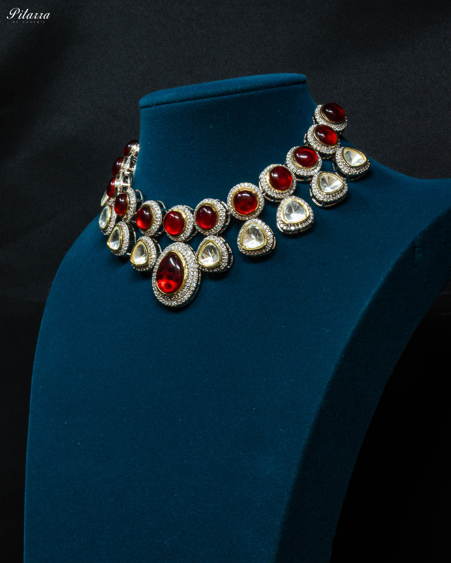 Red and White Drop Stone Traditional Kundan Necklace_Side Angle