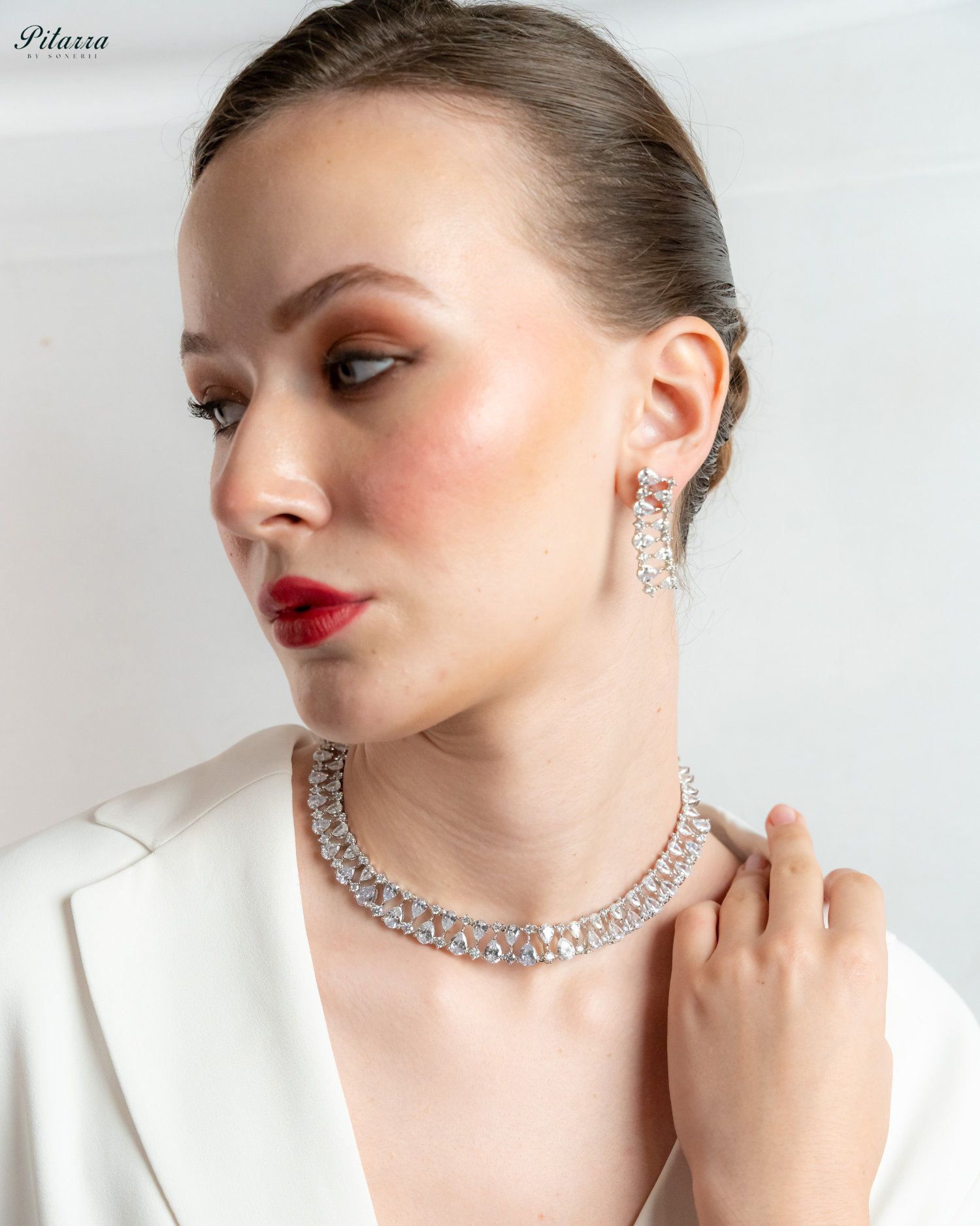 Silver Drop CZ Necklace Set_Side Angle