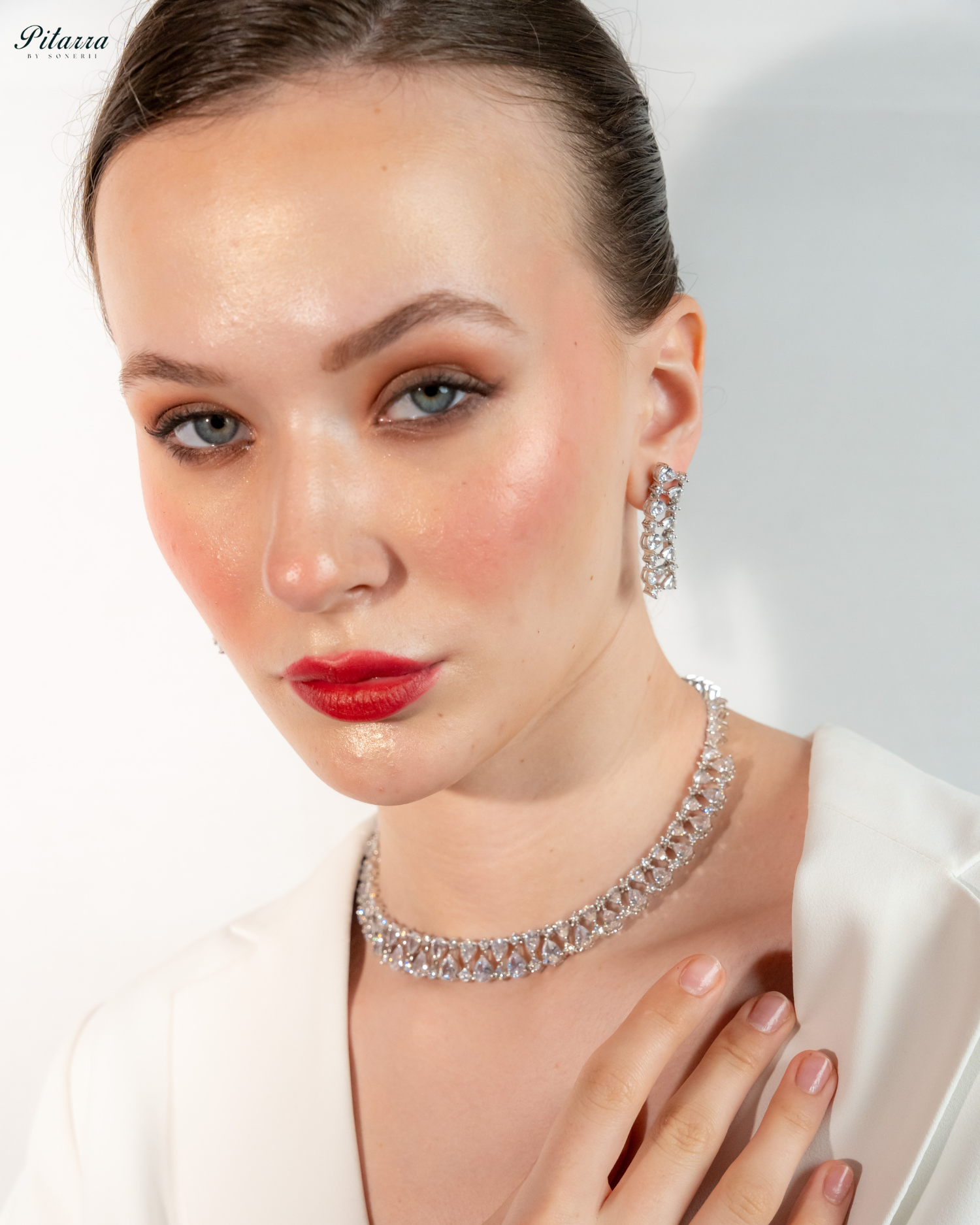 Silver Drop CZ Necklace Set_Side Pose