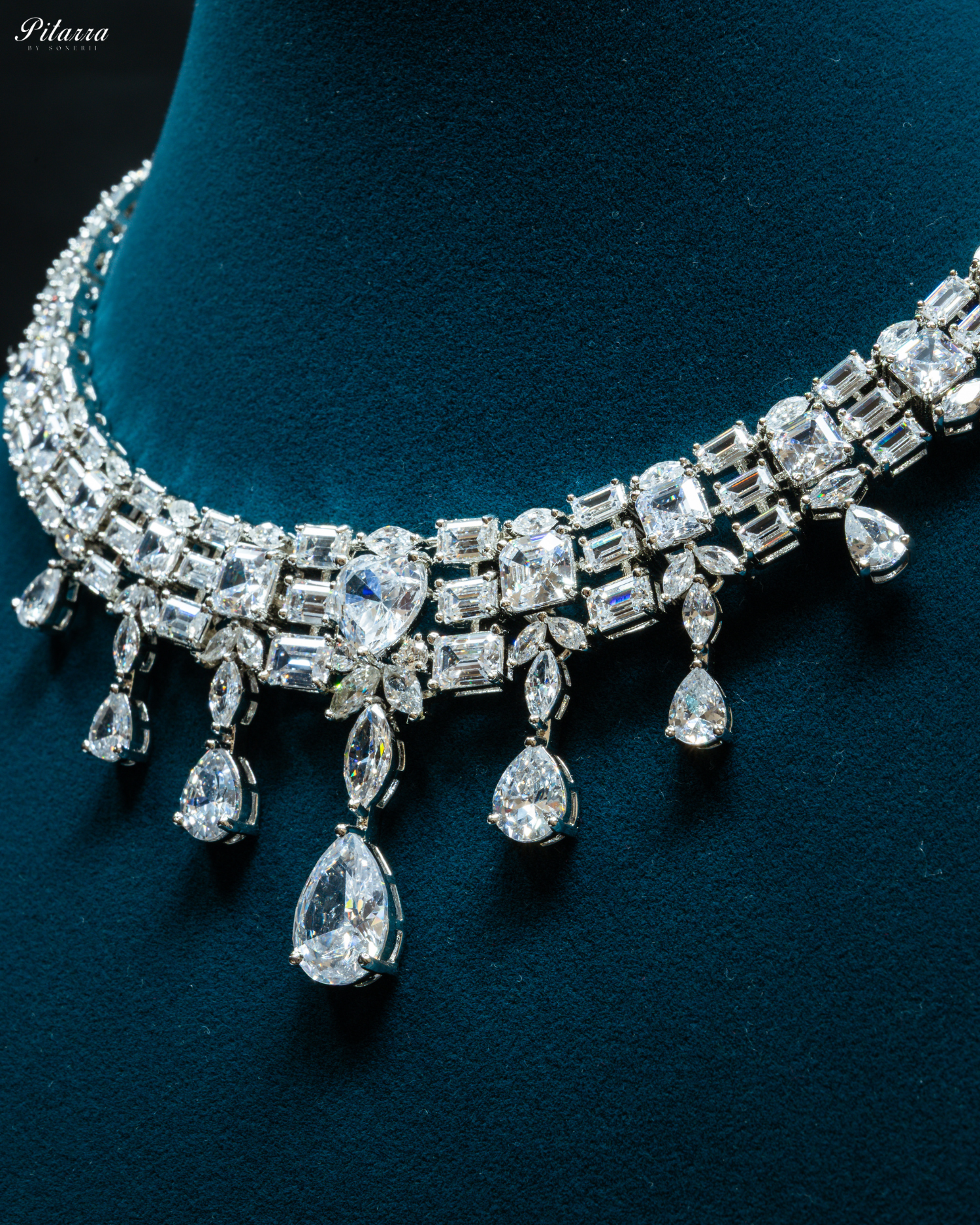 Silver Drop Cubic Zirconia Studded Necklace Set_Zoom Angle