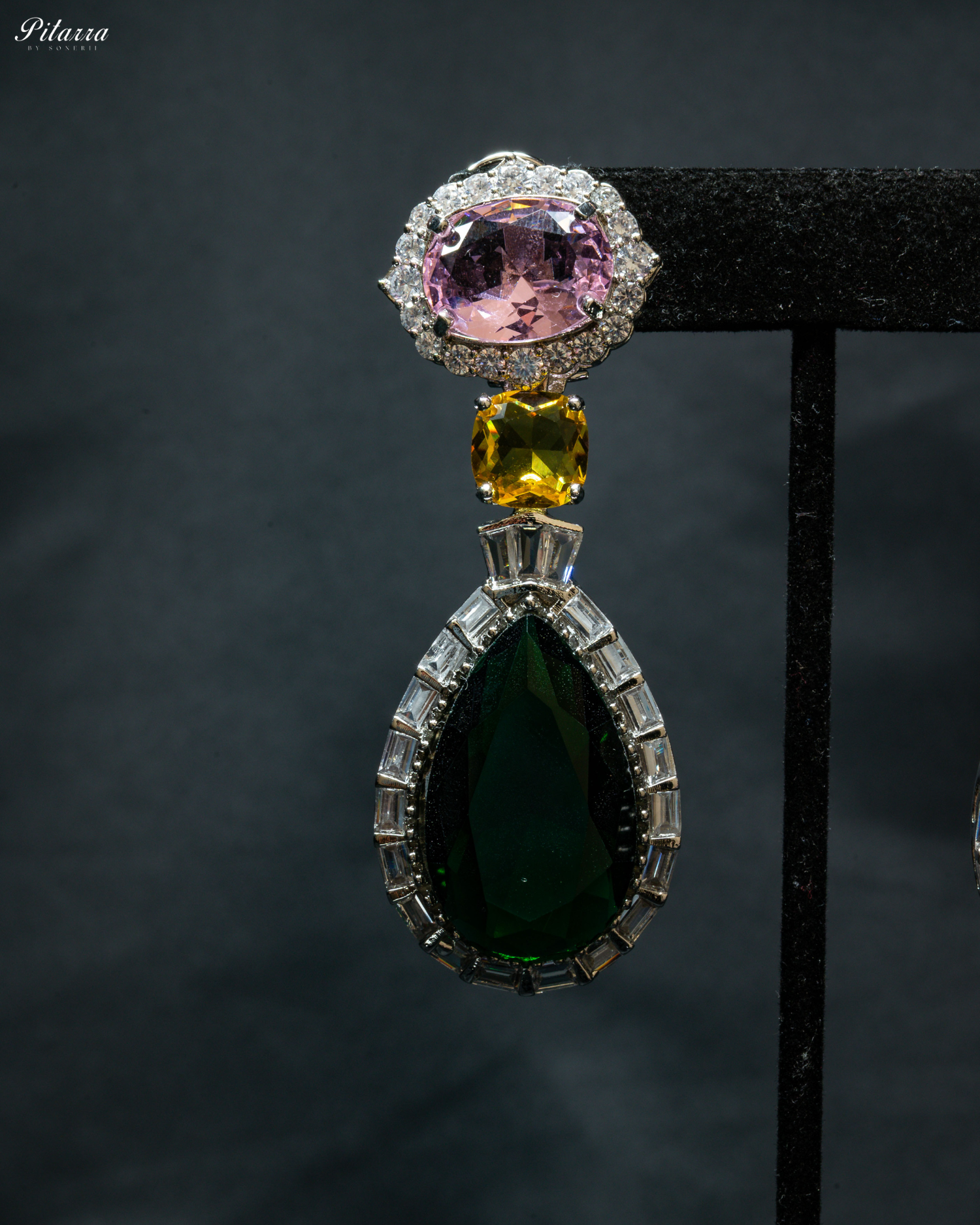 Silver Finish Green Drop Zircon Earrings_Zoom Angle