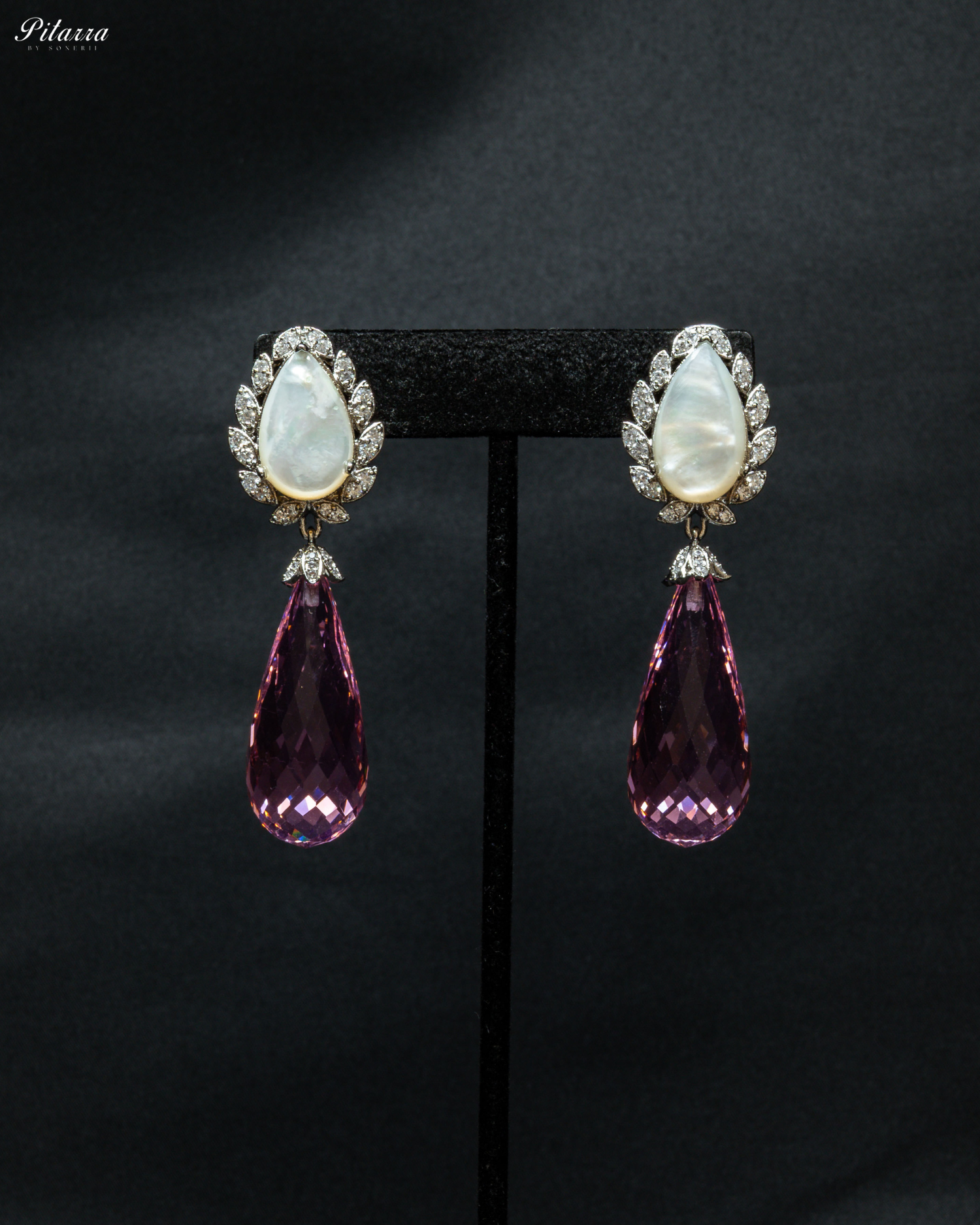 Silver Finish White and Pink CZ Drop Earrings_Front Image