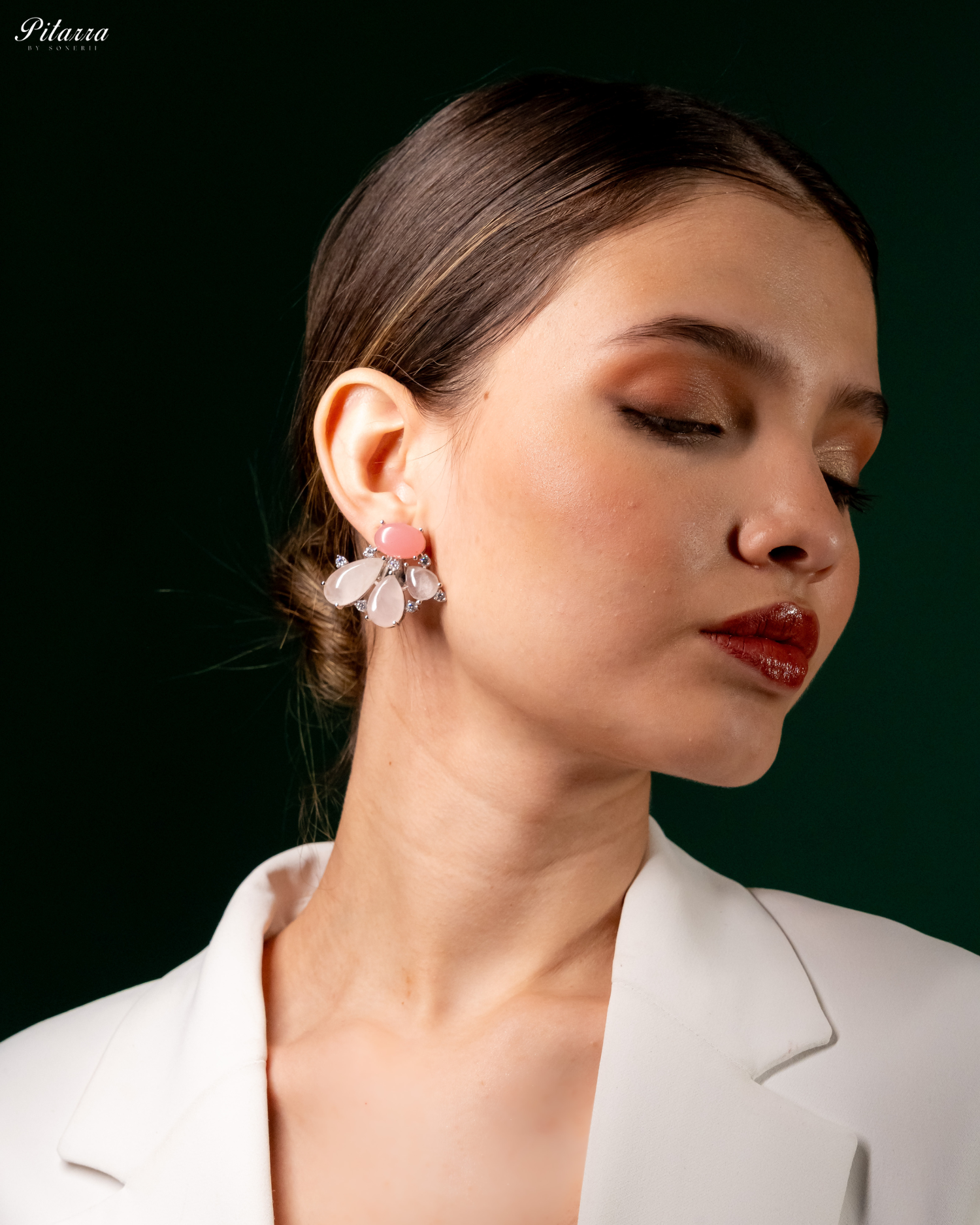 Silver Pink Stone Stud Earrings_Side