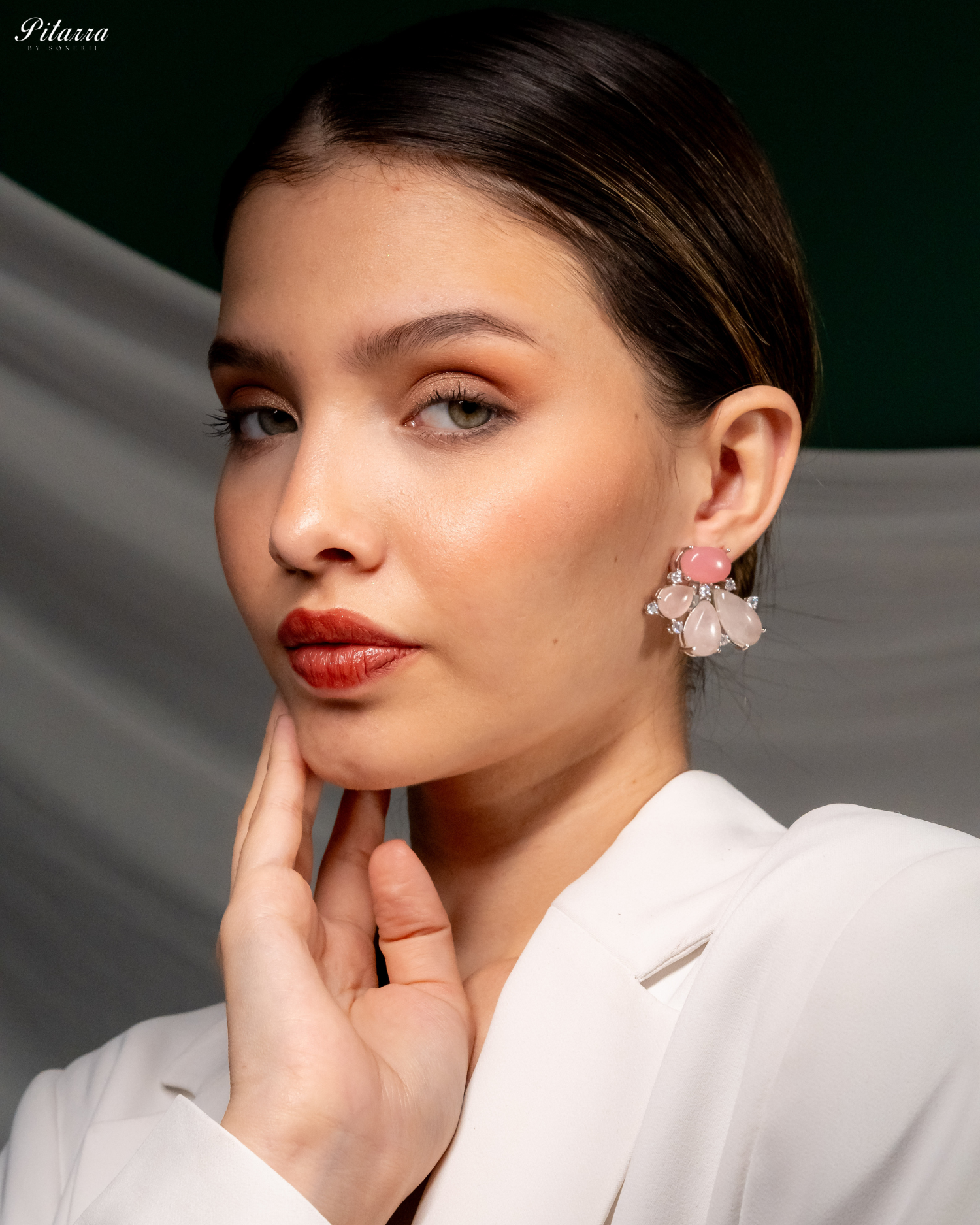 Silver Pink Stone Stud Earrings_Side Pose