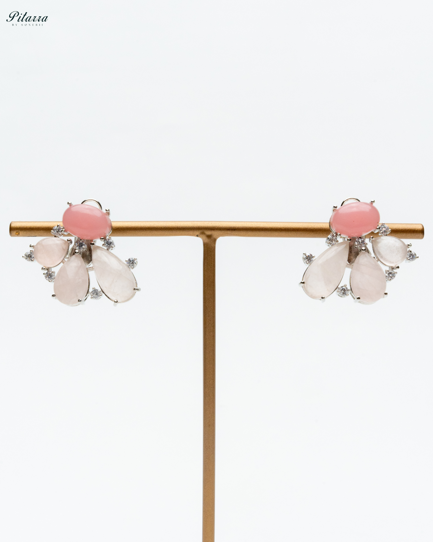 Silver Pink Stone Stud Earrings_White Background