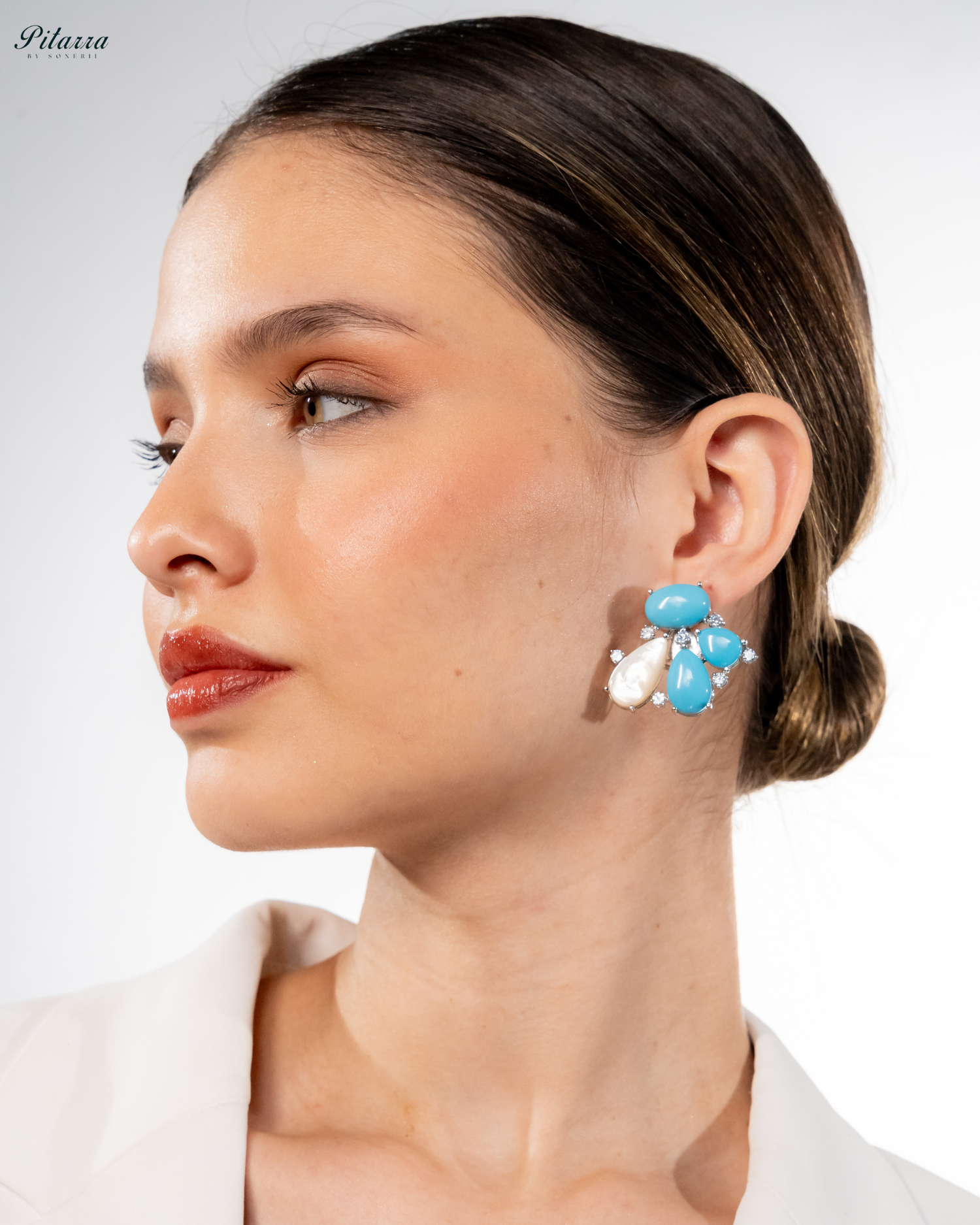 Silver Turquoise Stone Stud Earrings_Side Angle