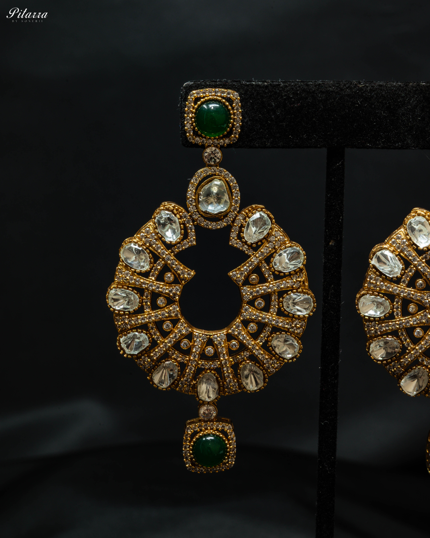 Three Layer Emerald Victorian Long Kundan Necklace Set_Zoom Earrings