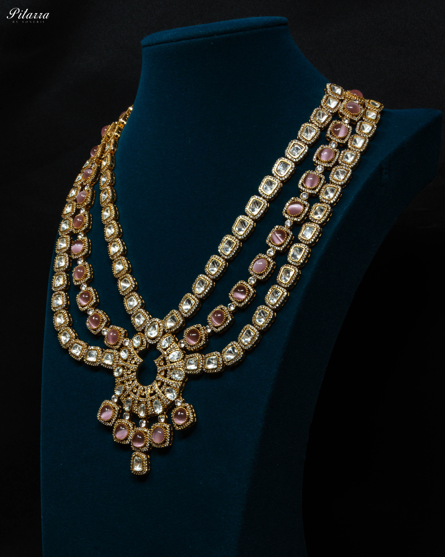 Three Layer Pink Victorian Long Kundan Necklace Set_Side Angle