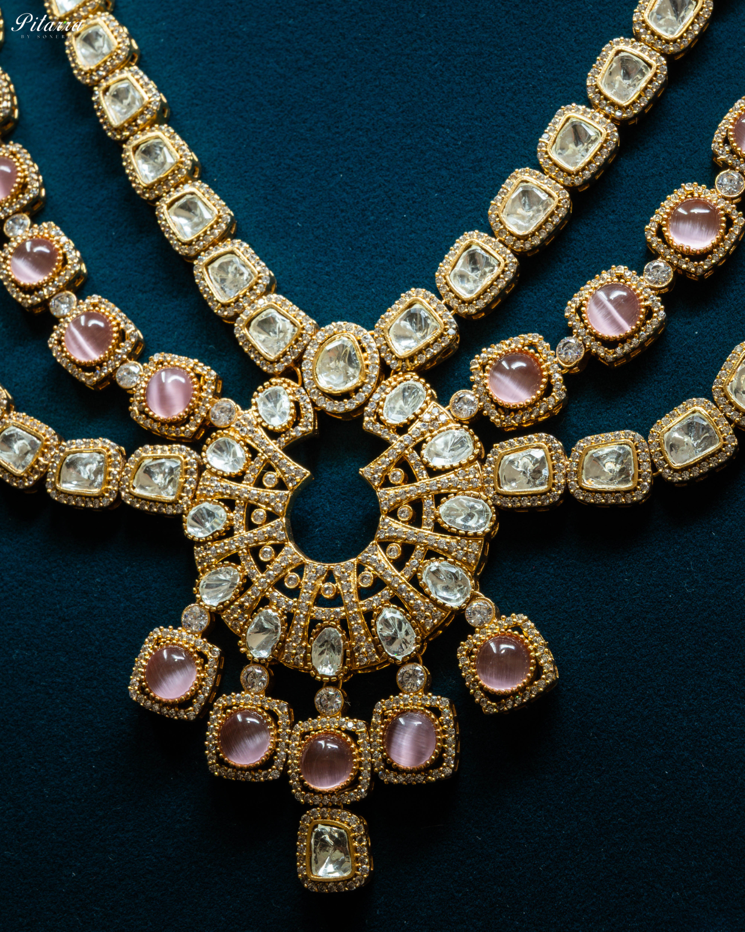 Three Layer Pink Victorian Long Kundan Necklace Set_Zoom Angle