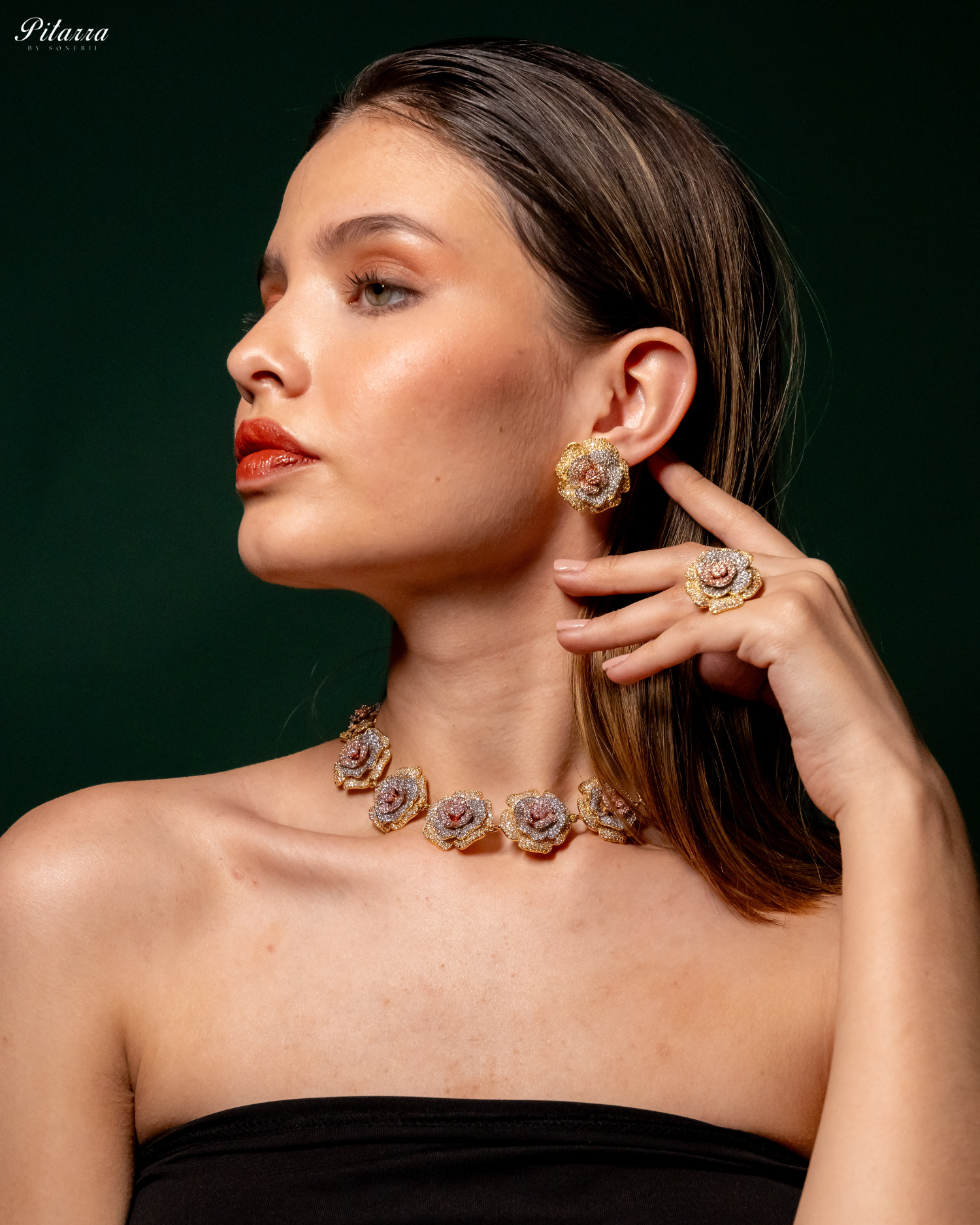 Three Tone Flower CZ Choker Set_Side Angle Image