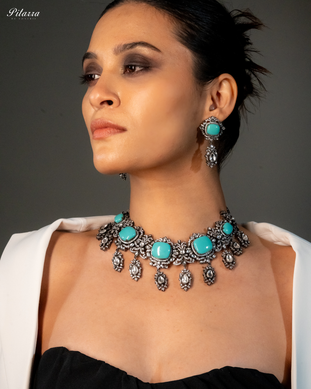 Turquoise Blue Royal Kundan Necklace Set_Side Pose