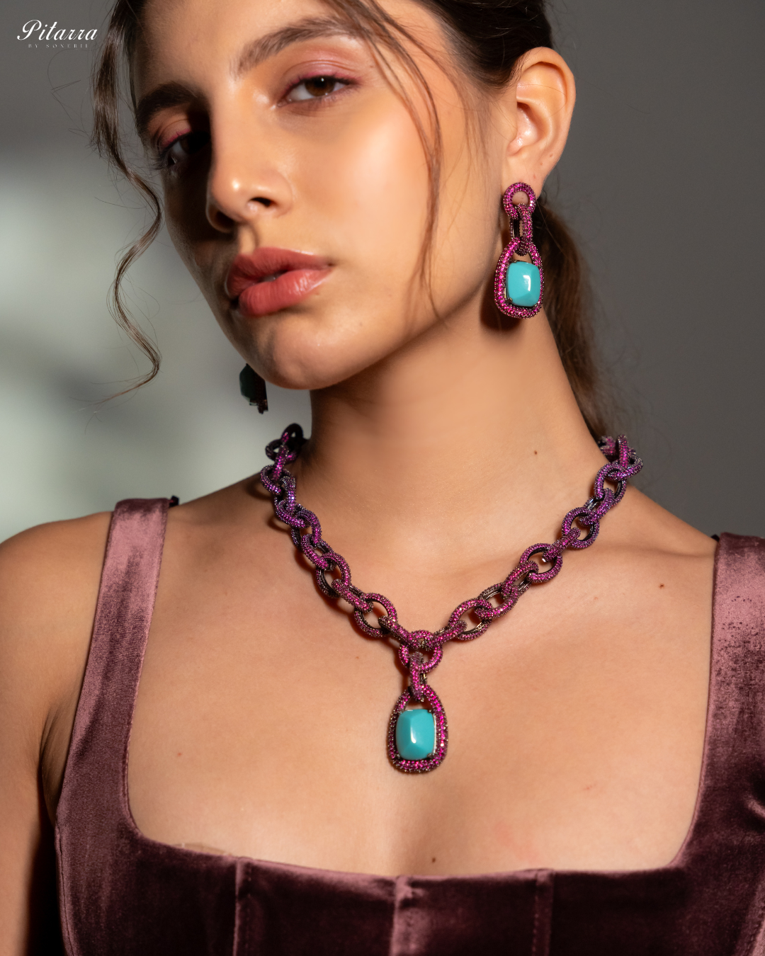 Turquoise Blue Stone Pink Chain CZ Necklace Set_Front Model Image