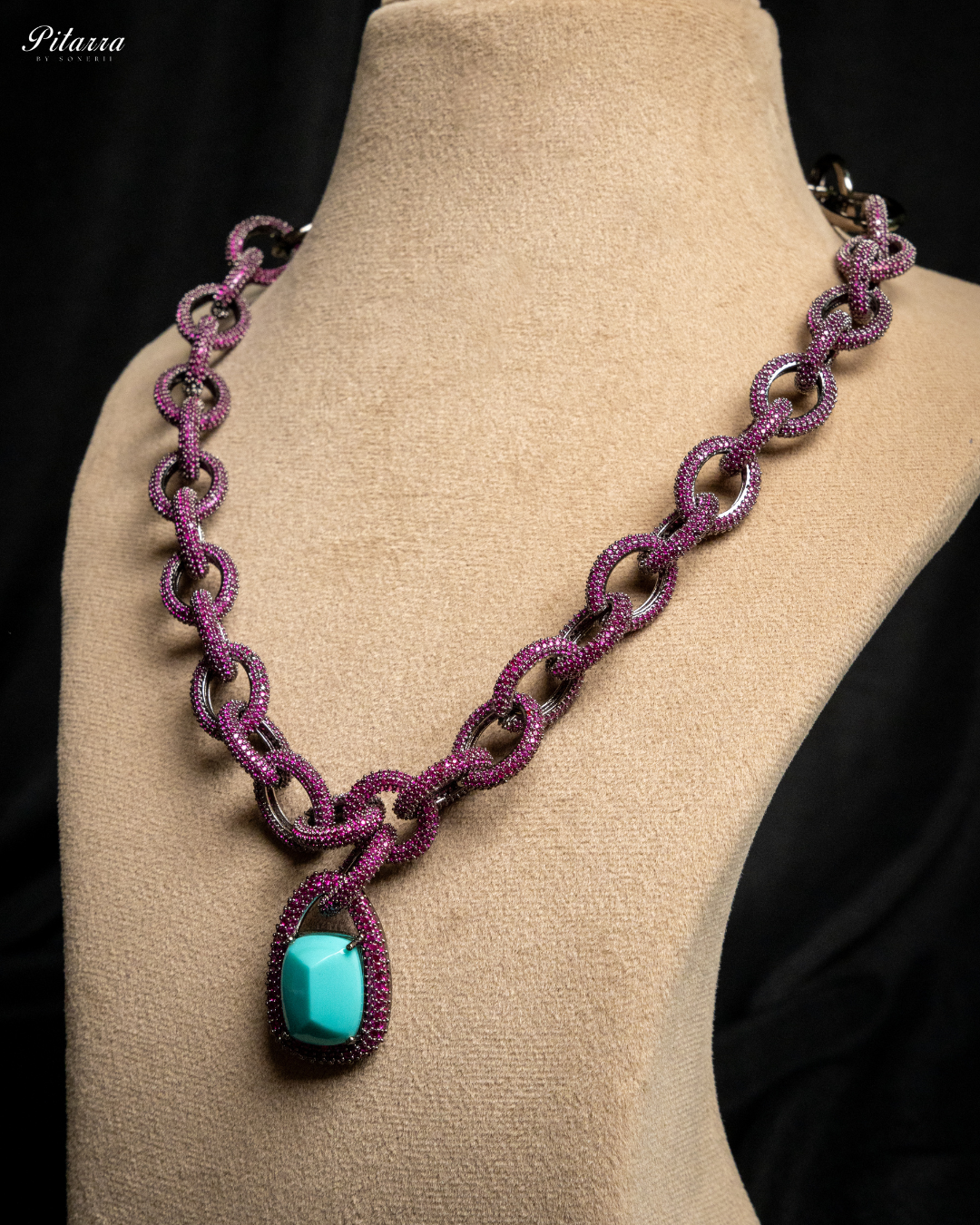 Turquoise Blue Stone Pink Chain CZ Necklace Set_Side Angle