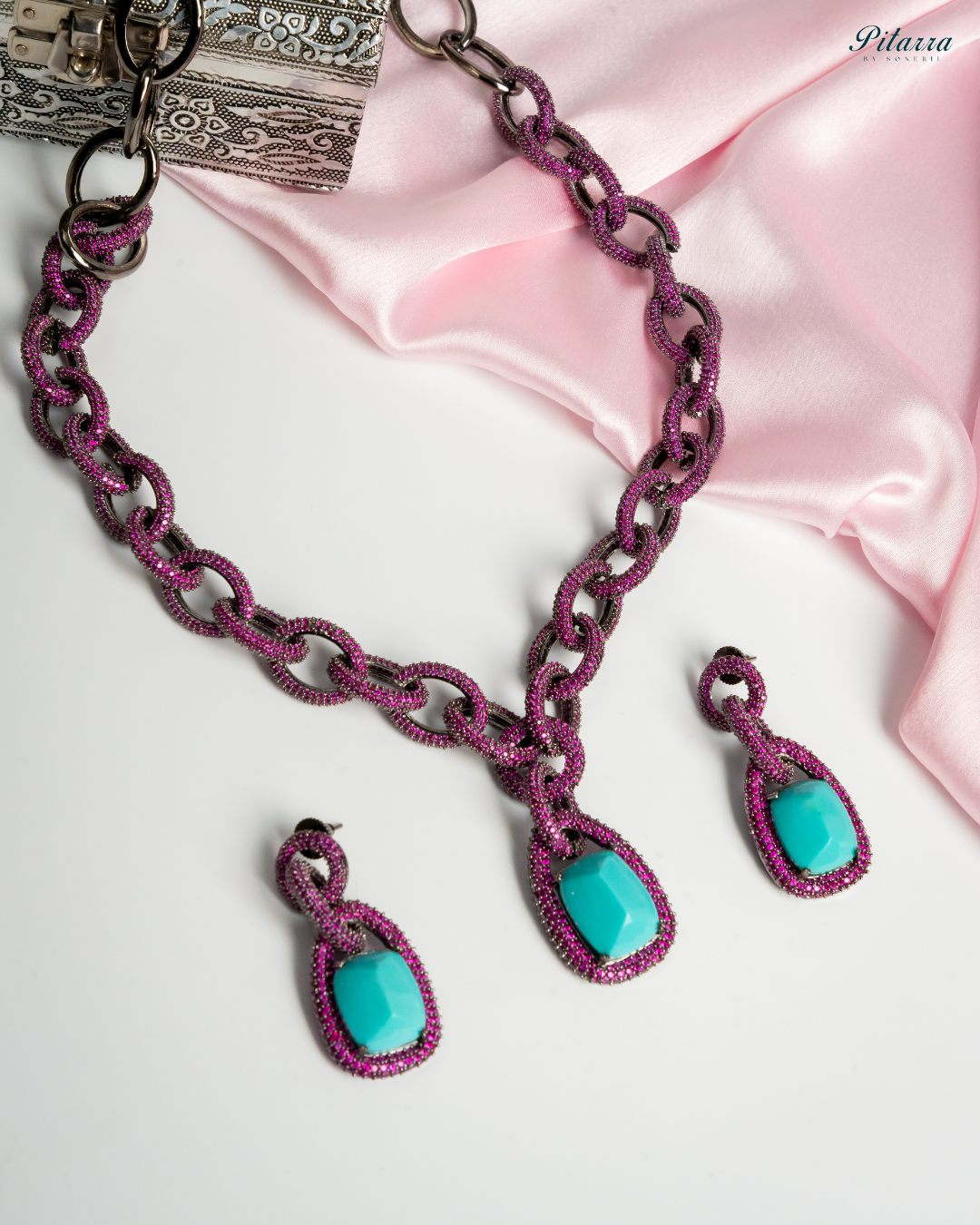 Turquoise Blue Stone Pink Chain CZ Necklace Set_White Background